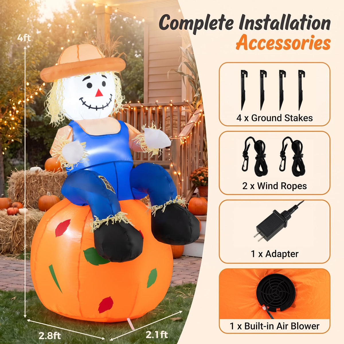 Tangkula 4 FT Fall Inflatable Decoration Scarecrow Sitting on Pumpkin