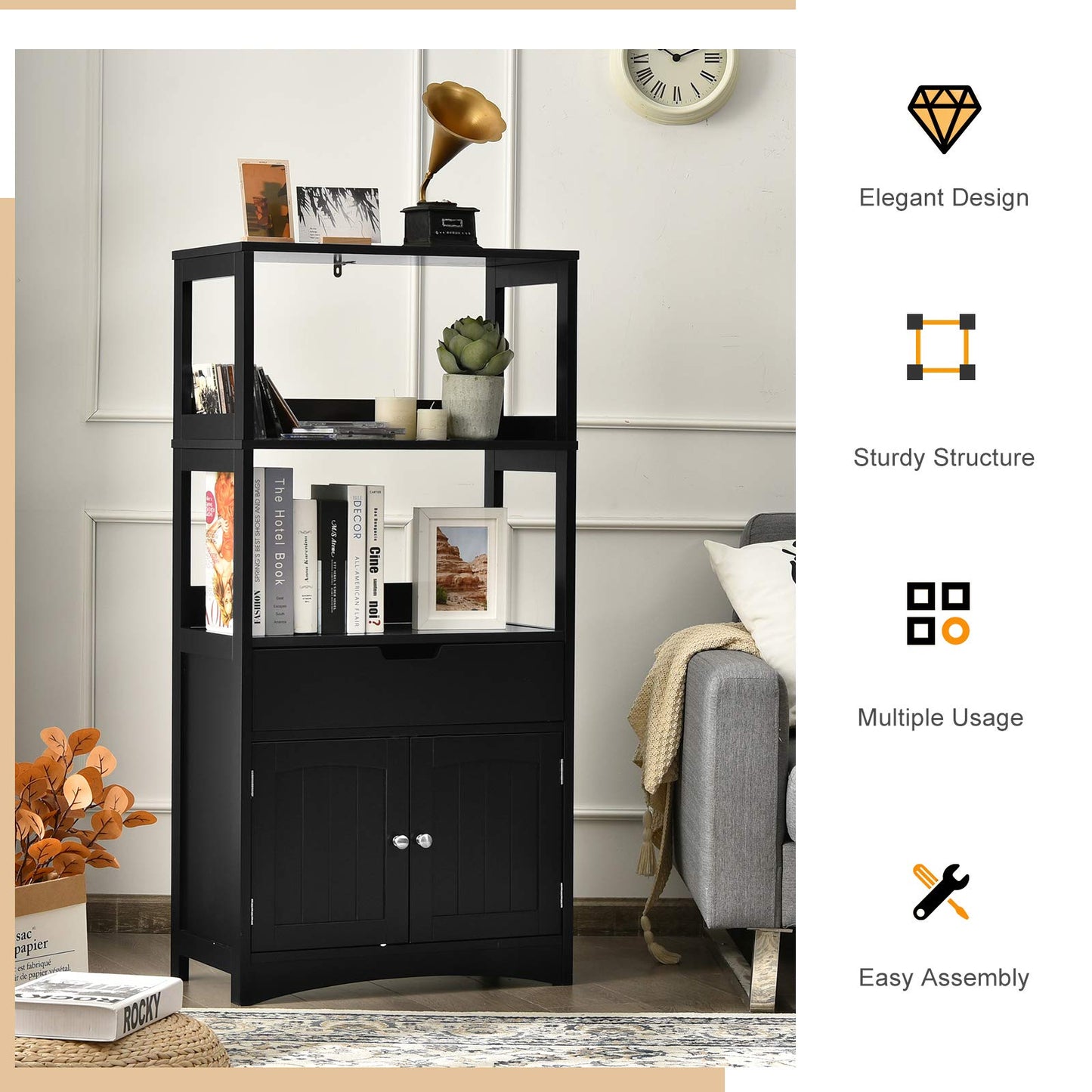 Bathroom Floor Cabinet with Drawer, 2 Open Shelves and Door Cupboard