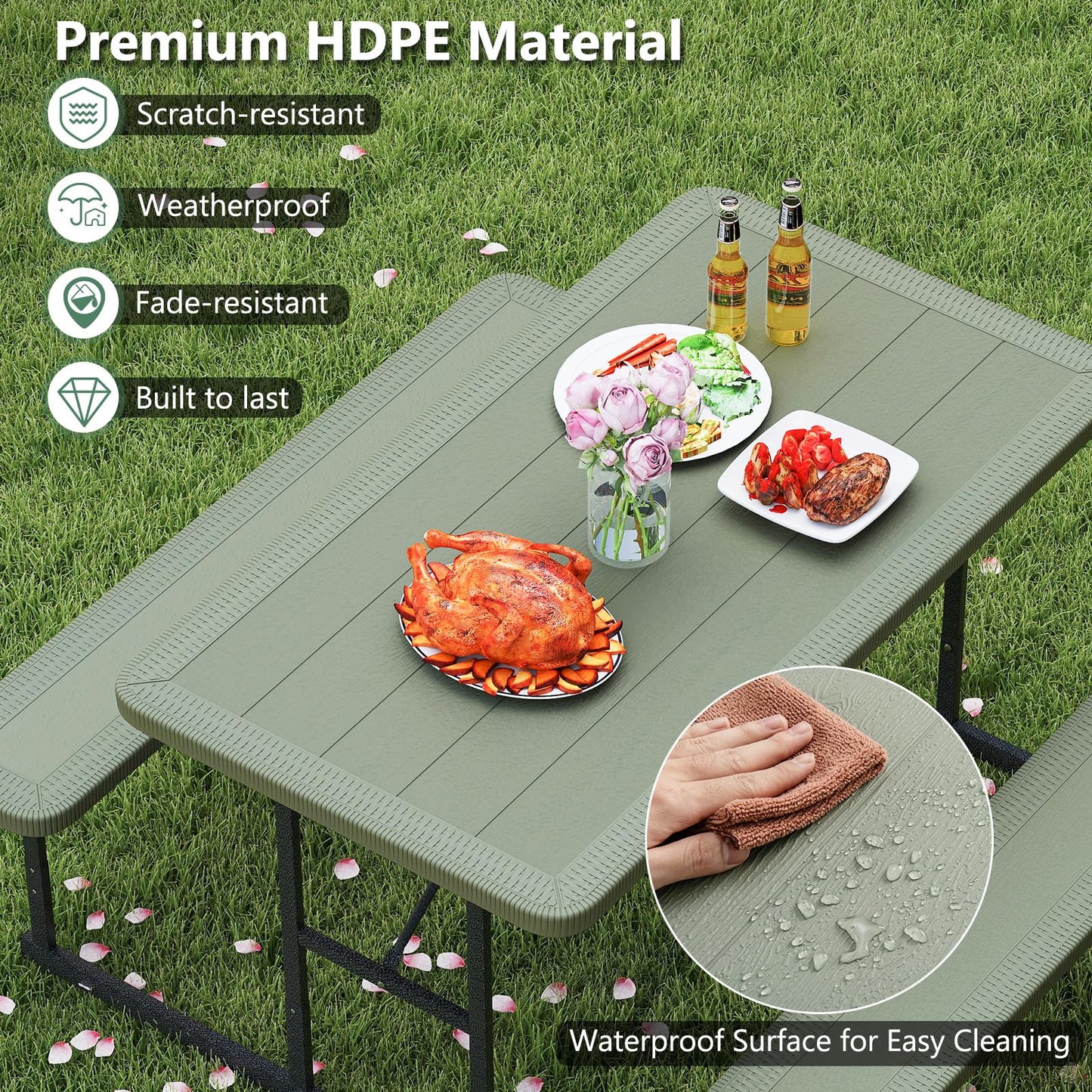 Tangkula HDPE Outdoor Rectangular Table Bench Set with 2 Built-in Benches