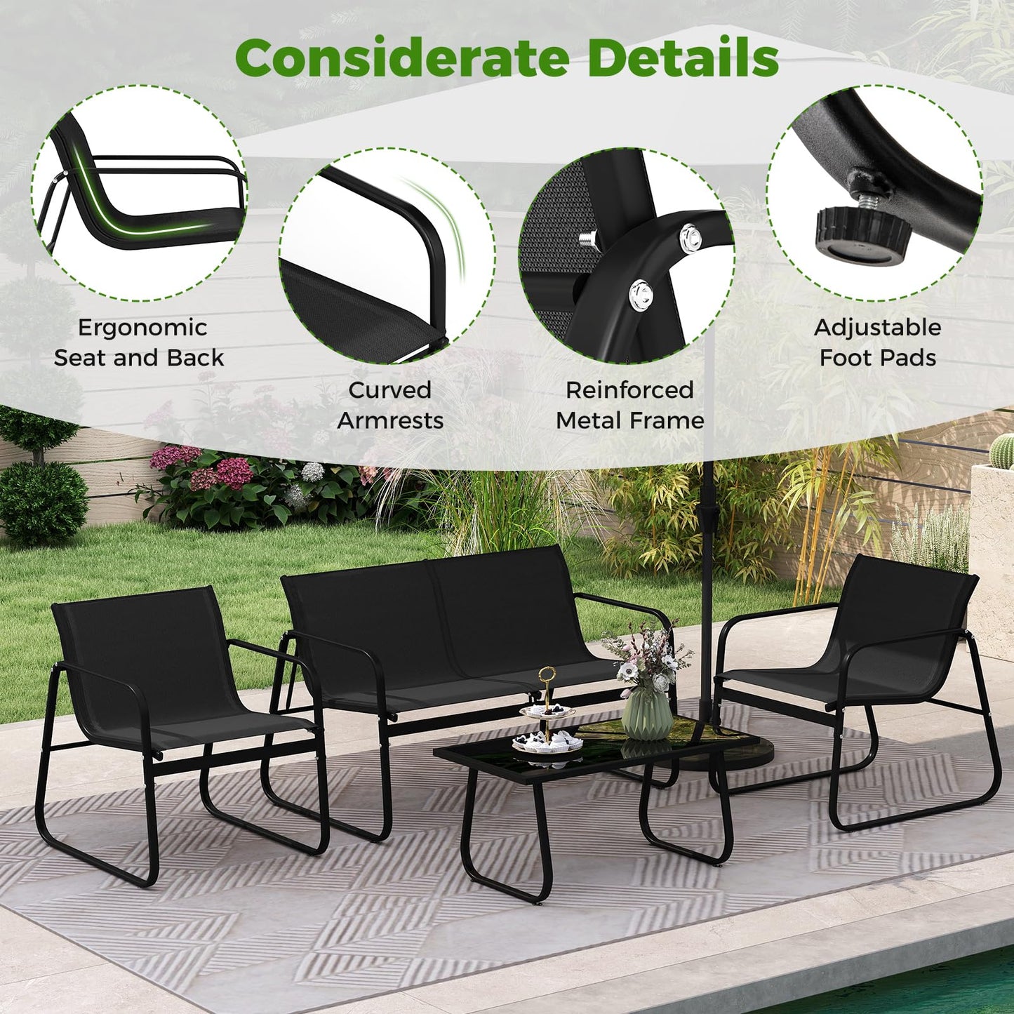 Tangkula 4/8 Piece Patio Furniture Set with Mesh Seat Fabric & Tempered Glass Tabletop