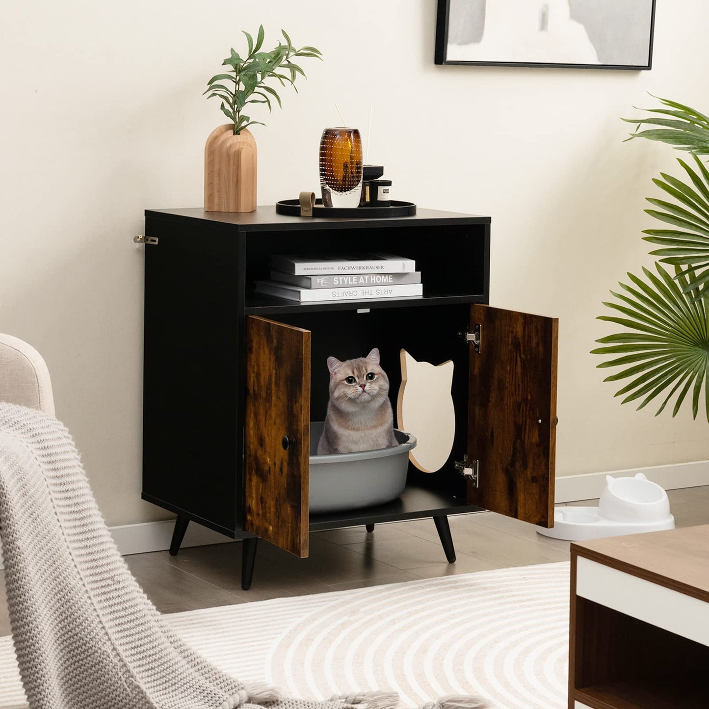 Tangkula Cat Litter Box Enclosure, 2-in-1 Cat Washroom Cabinet with Open Compartment