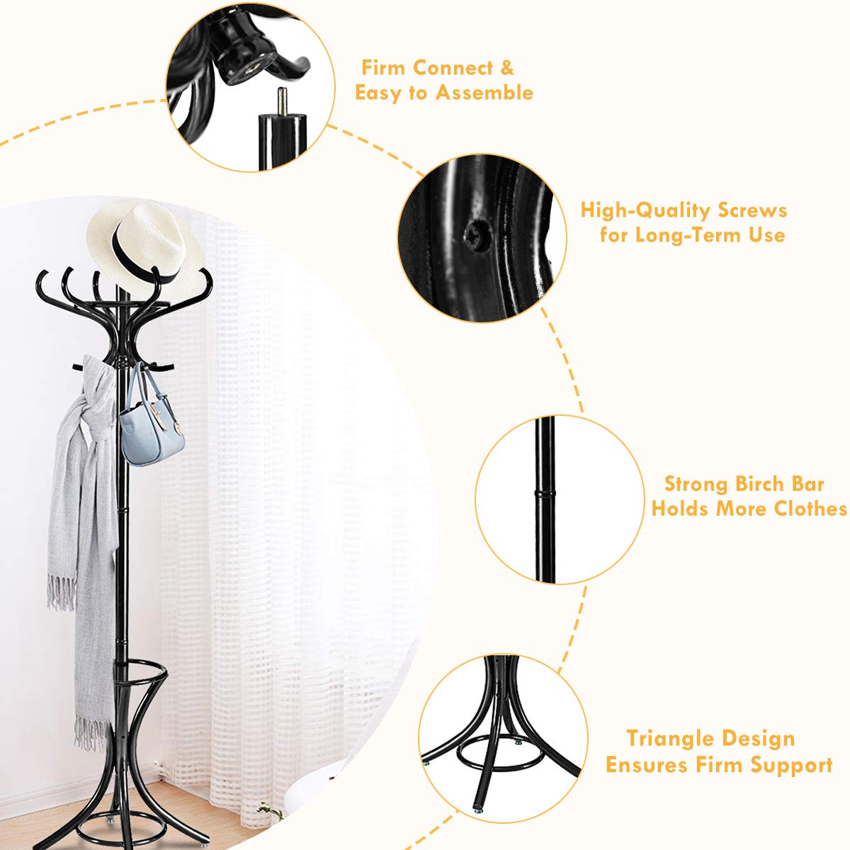 Tangkula Standing Coat Rack Wood 12 Hooks