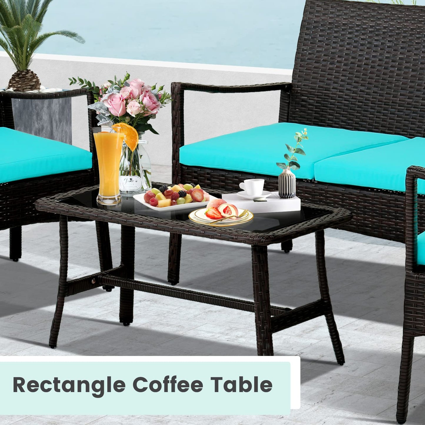Tangkula 4 Pieces Rattan Conversation Set, Patio Sofa Couch Set with Tempered Glass Coffee Table