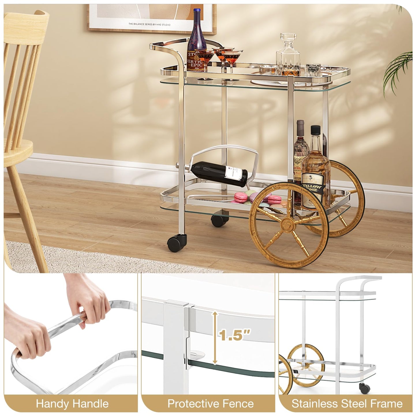 Tangkula Bar Cart for The Home, 2-Tier Rolling Tempered Glass Serving Cart, 2 Large Gold Aluminum Wheels & 2 Casters