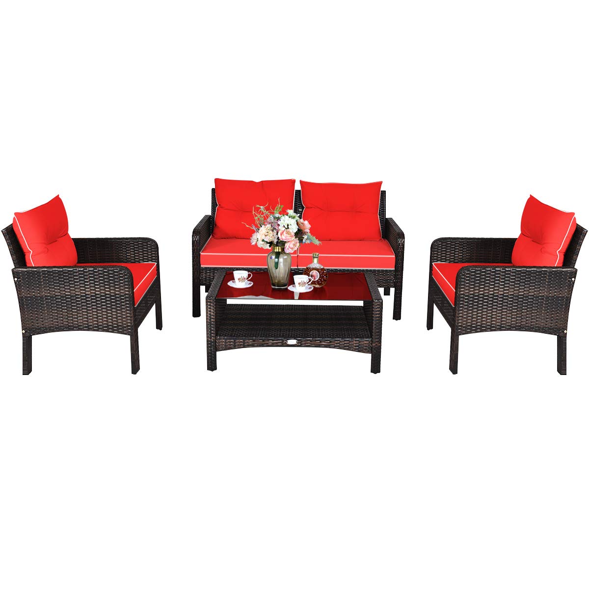 Tangkula 4 Piece Patio Furniture Set with Glass Top Coffee Table
