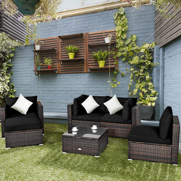 Ensemble de meubles de jardin modulables en rotin 6 pièces, salon de conversation d'extérieur en osier avec table basse en verre et pouf canapé