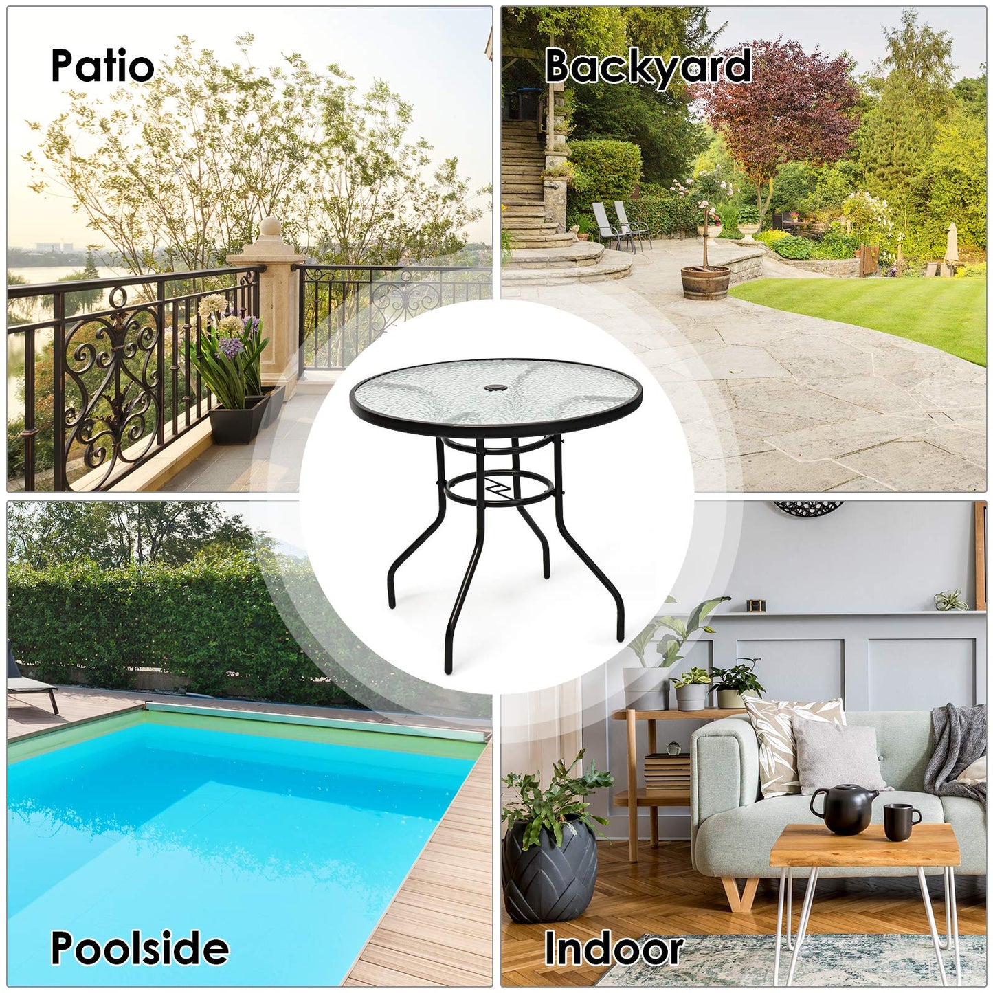 Tangkula 32" Round Outdoor Table with Tempered Glass Top