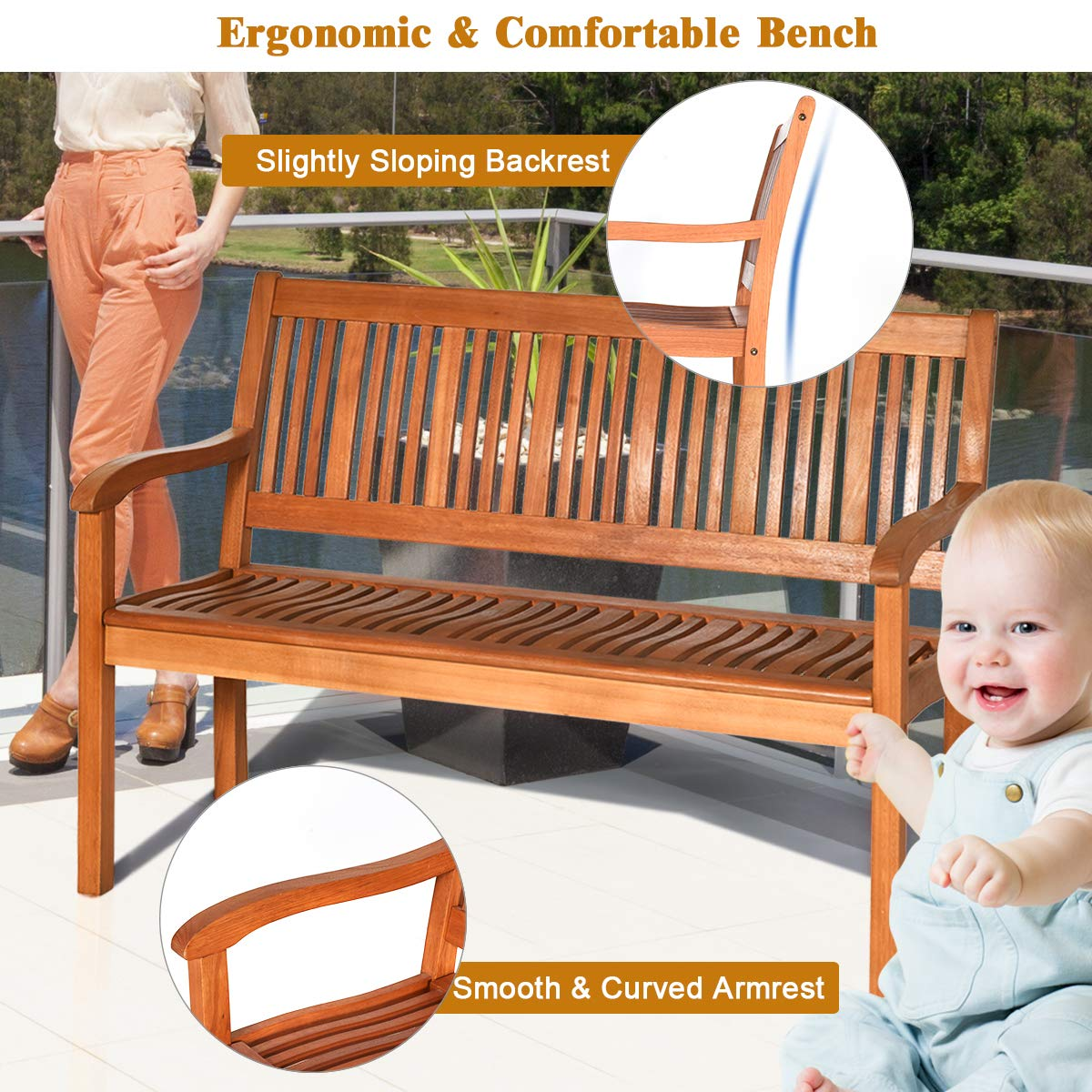 Tangkula Outdoor Wood Bench, Two Person Solid Wood Garden Bench w/Curved Backrest and Wide Armrest