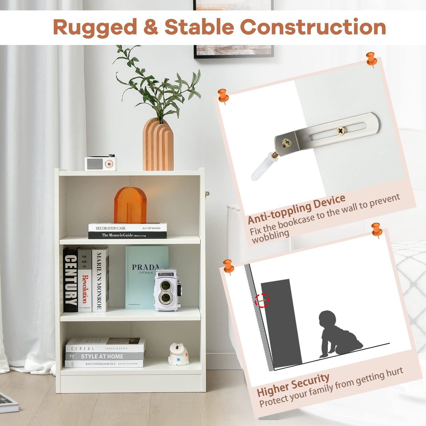 3 Tier Bookcase, Floor Standing Open Bookshelf with 18-Position Adjustable Shelves - Tangkula
