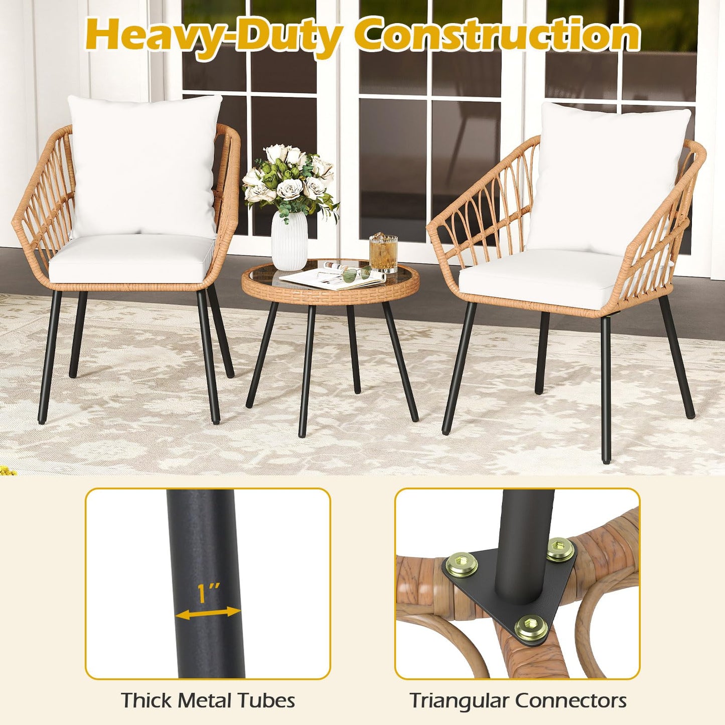 Tangkula 3 Piece Patio Bistro Set with Round Glass Table & Soft Cushions