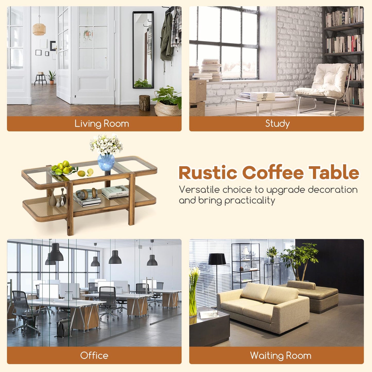 Tangkula Rattan Coffee Table 47.5”L Boho Cocktail Tables