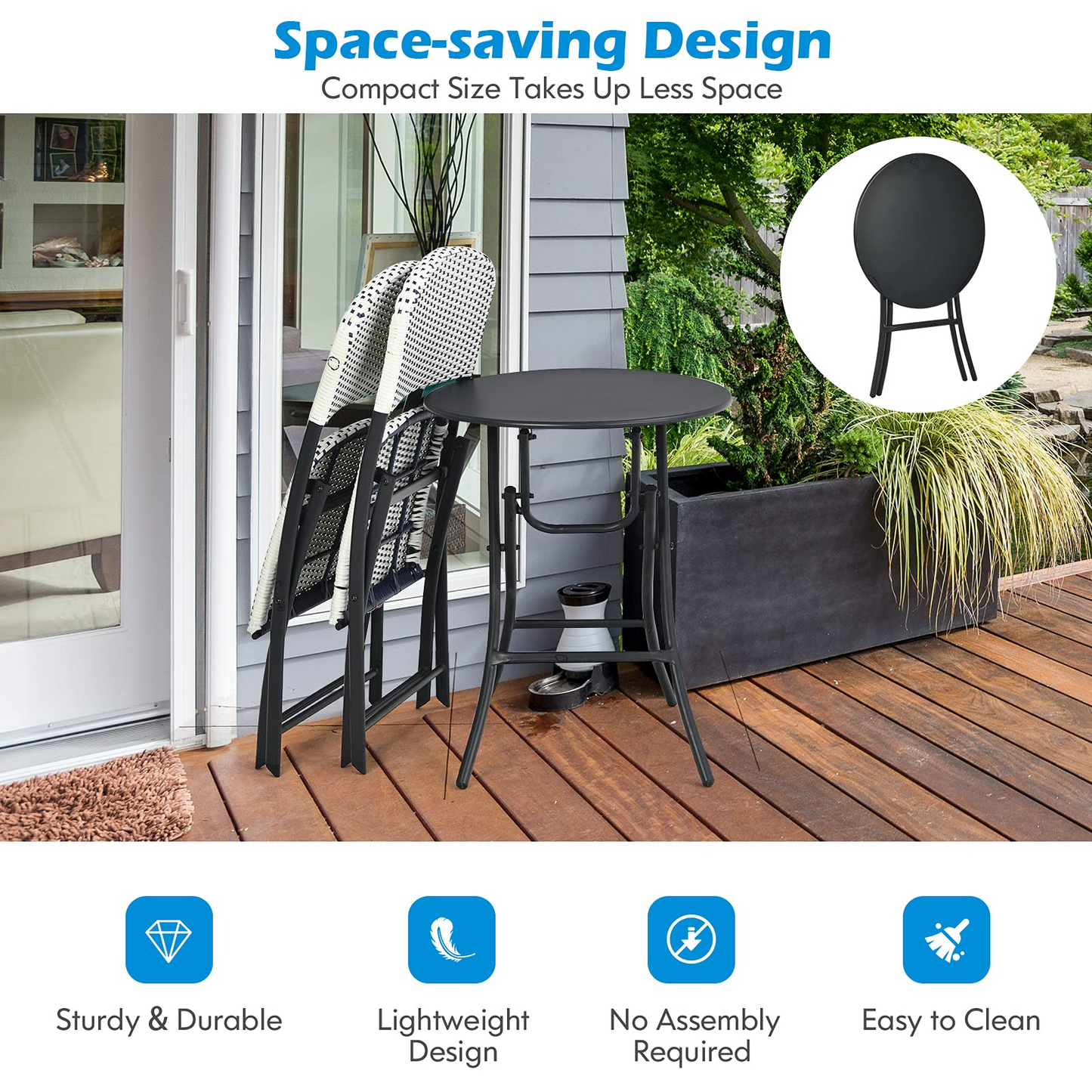 Tangkula 3 Pieces Patio Rattan Bistro Set, Outdoor Folding Dining Furniture Set with Round Dining Table and 2 Chairs