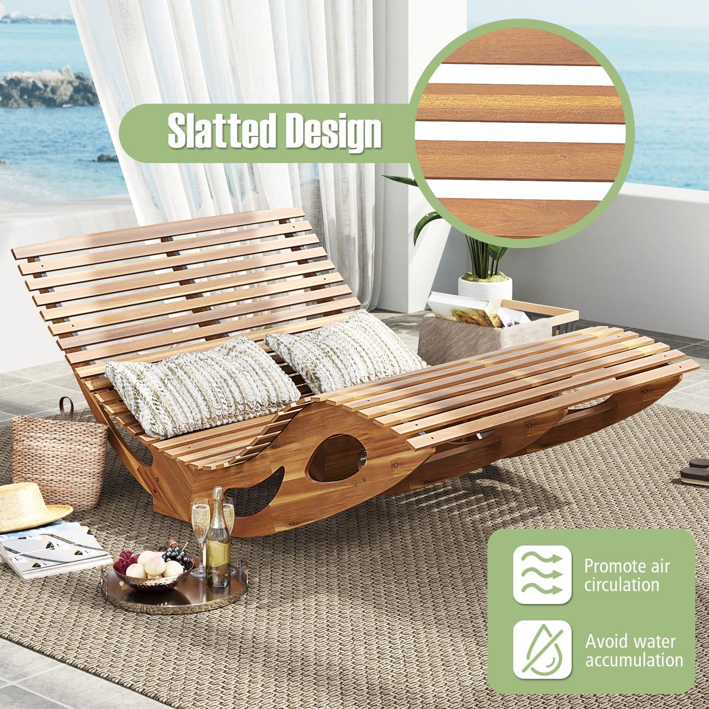 Tangkula Outdoor Double Chaise Lounge Chair, Acacia Wood Rocking Sunbed with Slatted Backrest and Seat