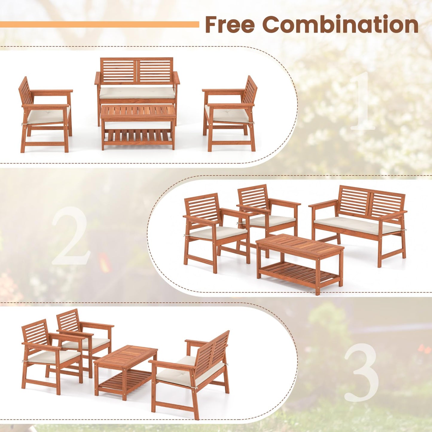 Tangkula 4 Piece Patio Conversation Set Wood Sofa Set with Soft Seat Cushions 2-Tier Rectangle Coffee Table