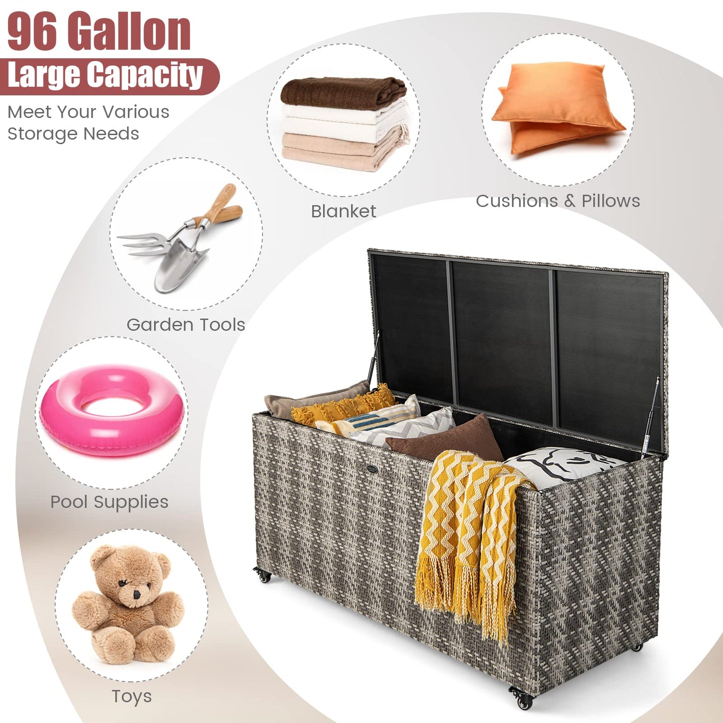 Tangkula 96 Gallon Deck Box, PE Wicker Outdoor Storage Box with 4 Wheels and Waterproof Zippered Liner