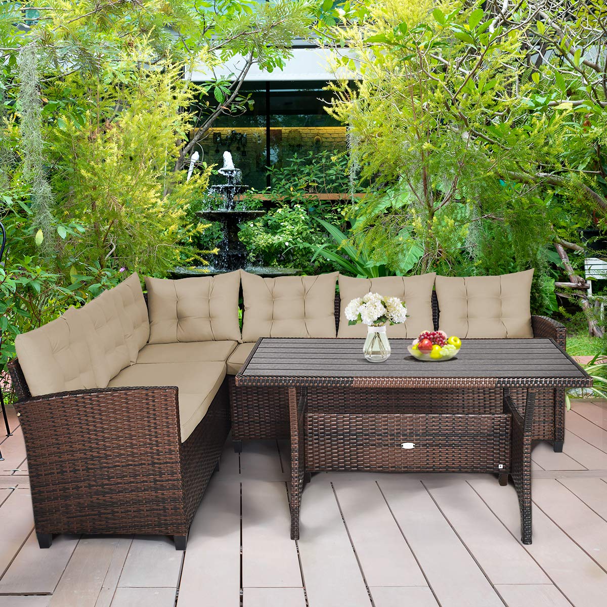 Tangkula Patio Furniture Set with 6 Cushioned Seat & Coffee Table