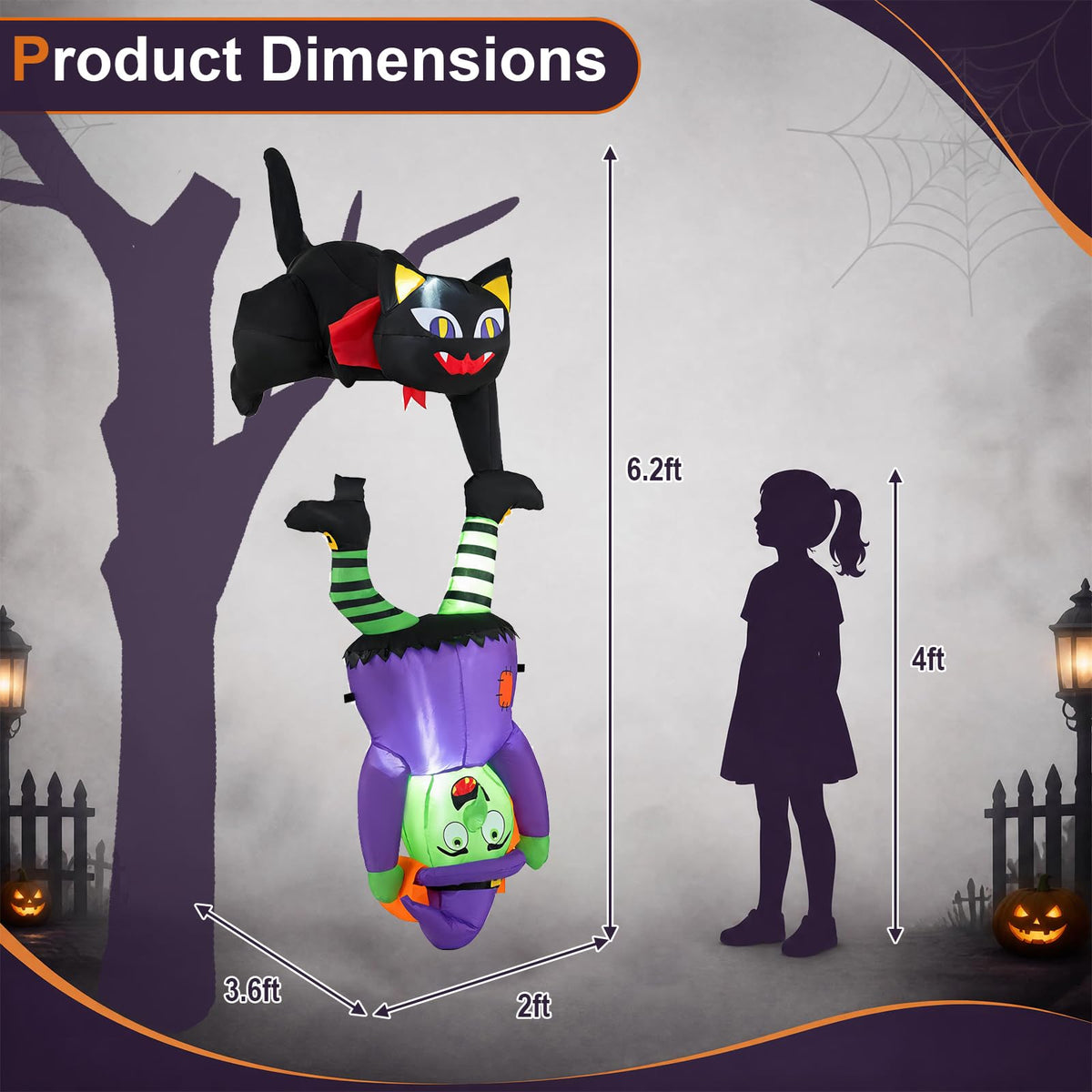 Tangkula 6.2 FT Halloween Hanging Inflatable Witch & Black Cat Decorations