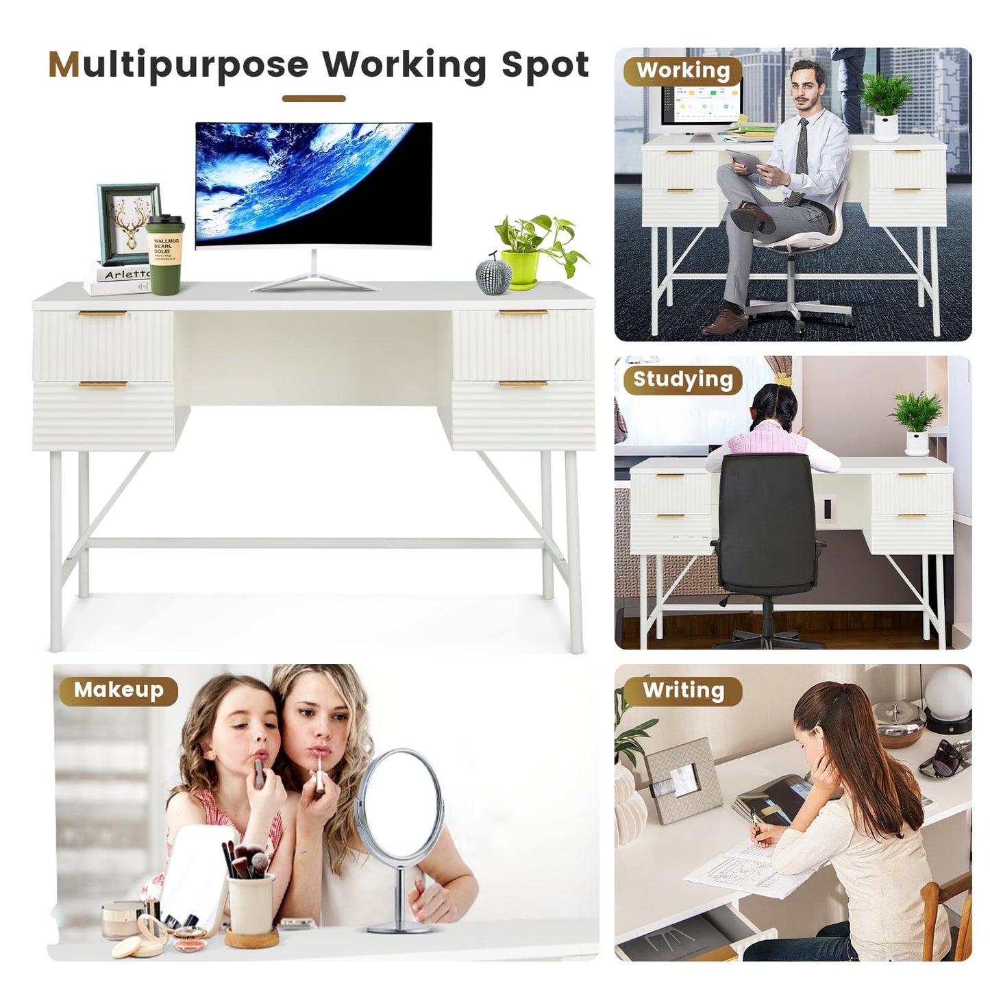 Tangkula Bureau blanc avec 4 tiroirs, bureau de maison de 122 cm avec rangement, bureau d'écriture avec cadre en métal pour chambre, bureau, étude