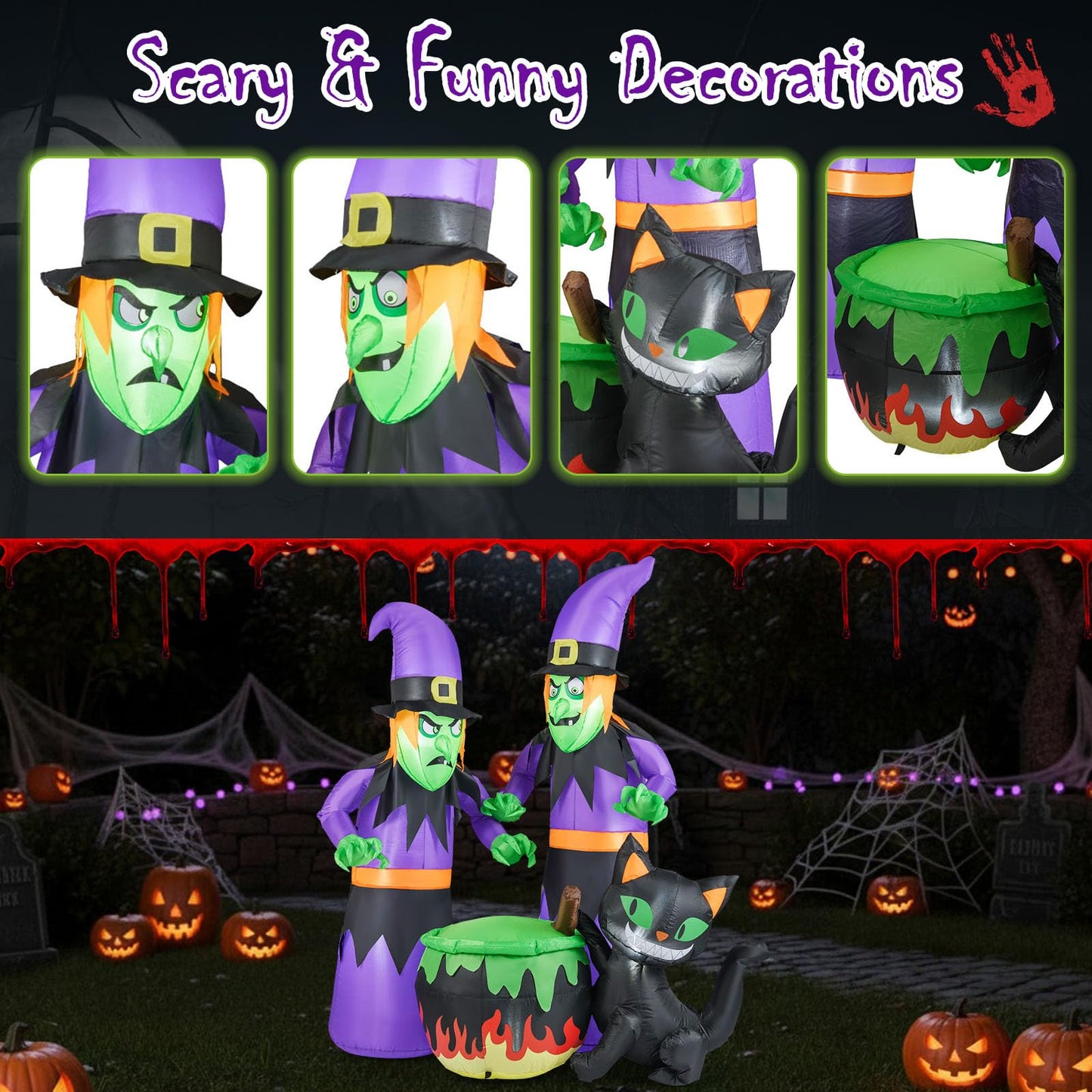 Tangkula Sorcières Gonflables d'Halloween de 6 Pi, 2 Décorations de Sorcières Effrayantes à Souffler avec Chaudron et Chat Noir