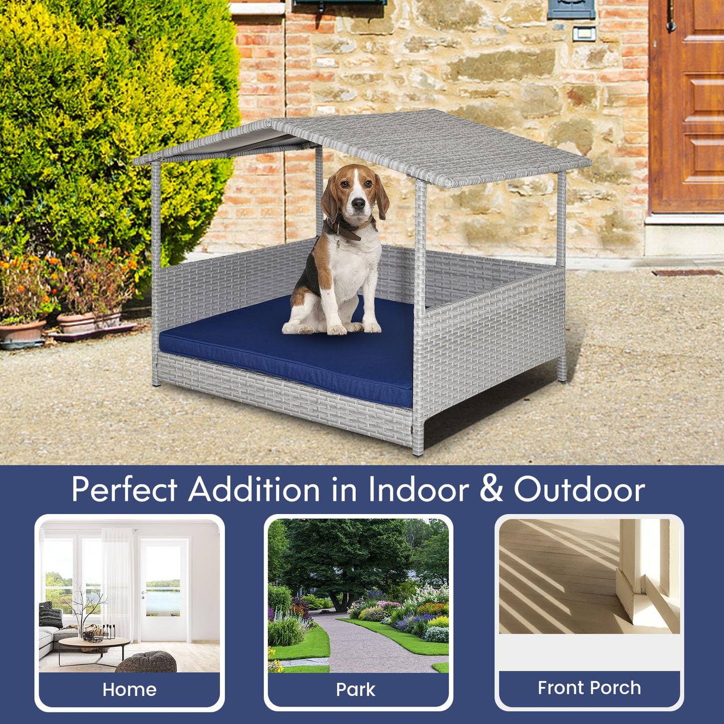 Tangkula Wicker Dog House, Indoor Outdoor Raised Rattan Dog Bed