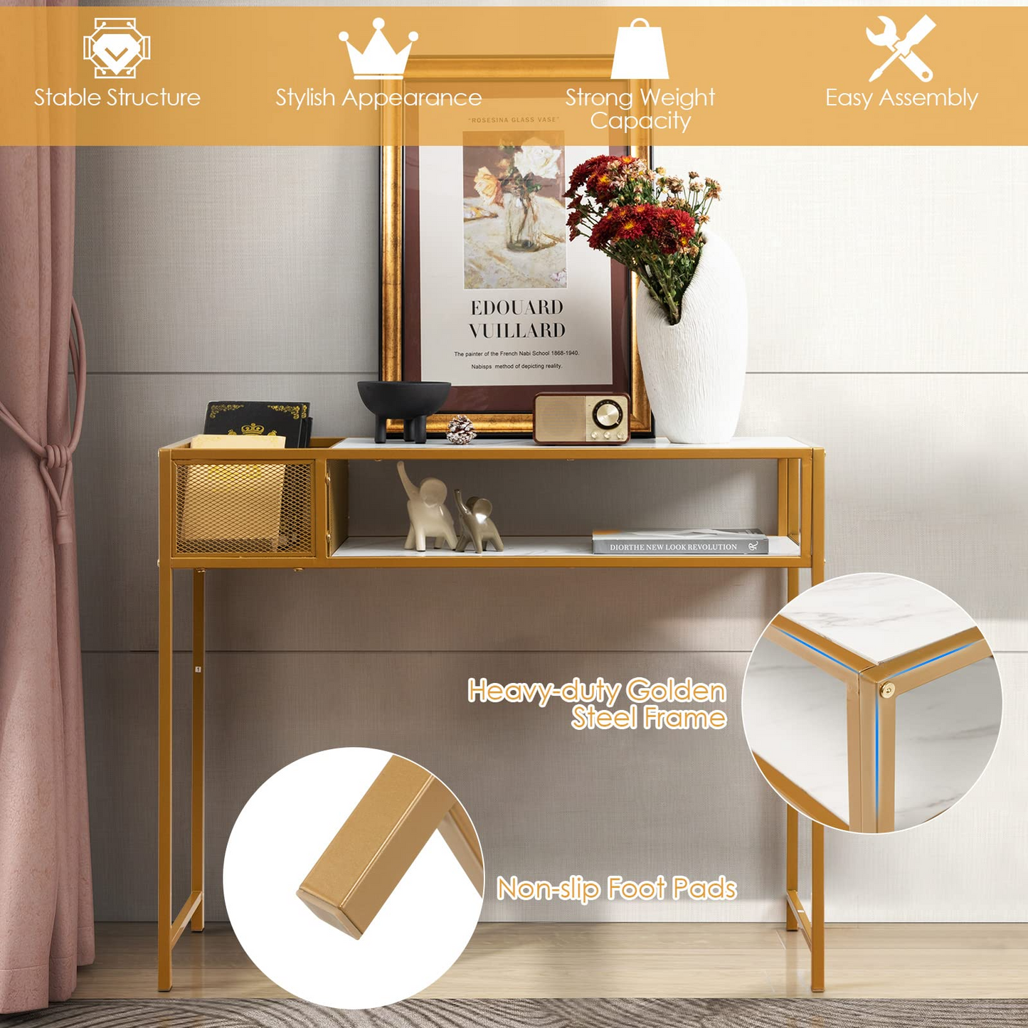 Tangkula Console Table, 2-Tier Faux Marble Sofa Table with Open Storage Shelf, Gold Steel Frame, Modern Entryway Table