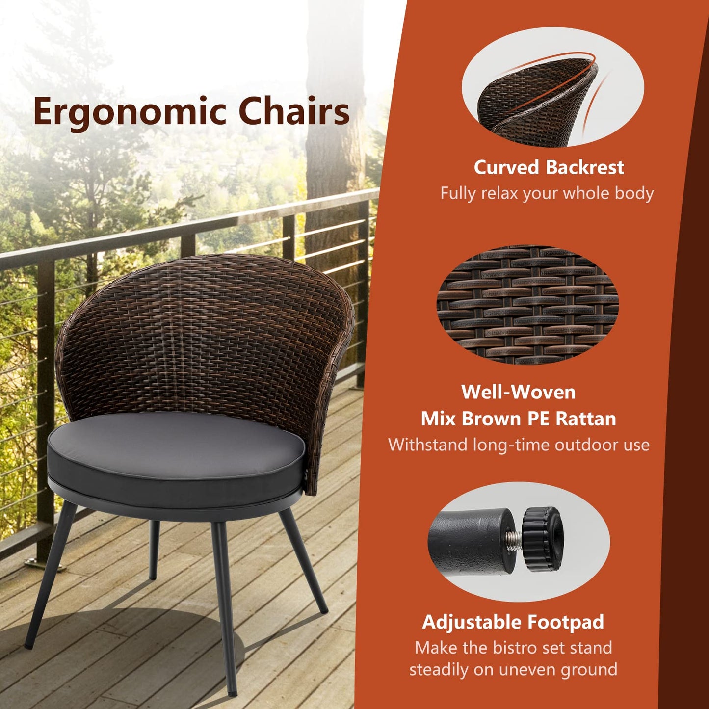 Tangkula 3 Piece Patio Rattan Bistro Set W/ 2 Seat Cushions, Tempered Glass Tabletop (Gray)