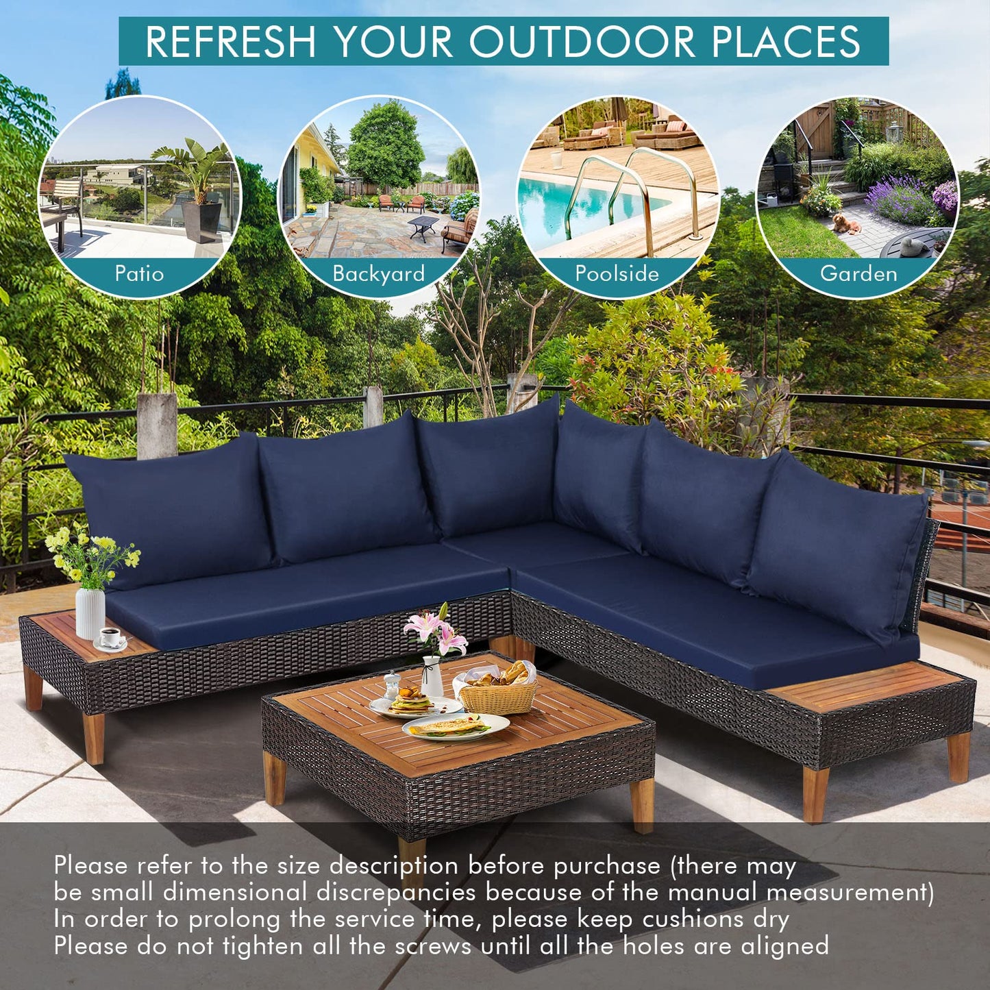 4 Pieces Acacia Wood Patio Conversation Set, Sofa Set with Coffee Table, Corner Sofa & 2 Loveseats