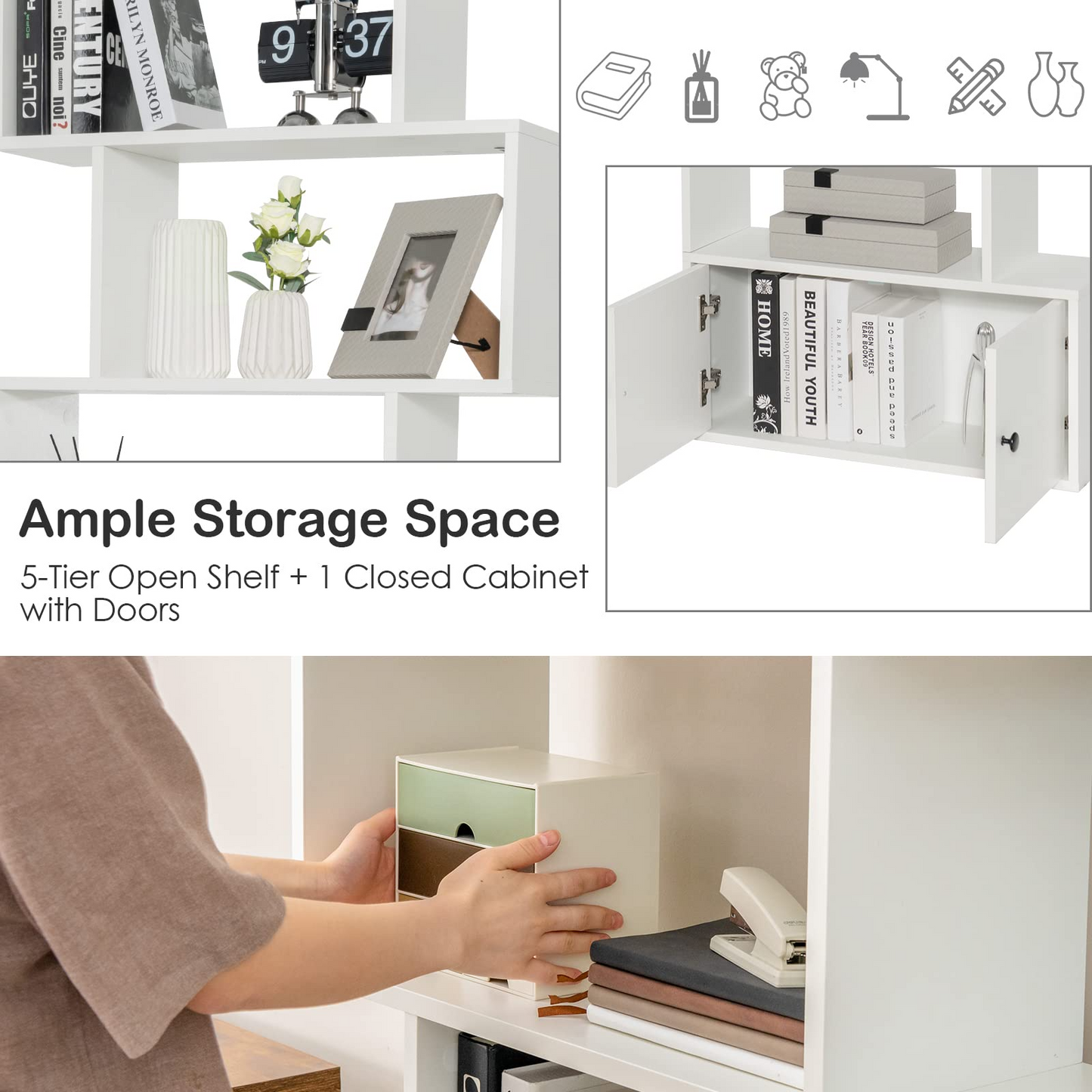 Tangkula S Shaped Bookshelf with Cabinet, 6-Tier Bookcase with Doors, Freestanding Geometric Bookshelves for Living Room