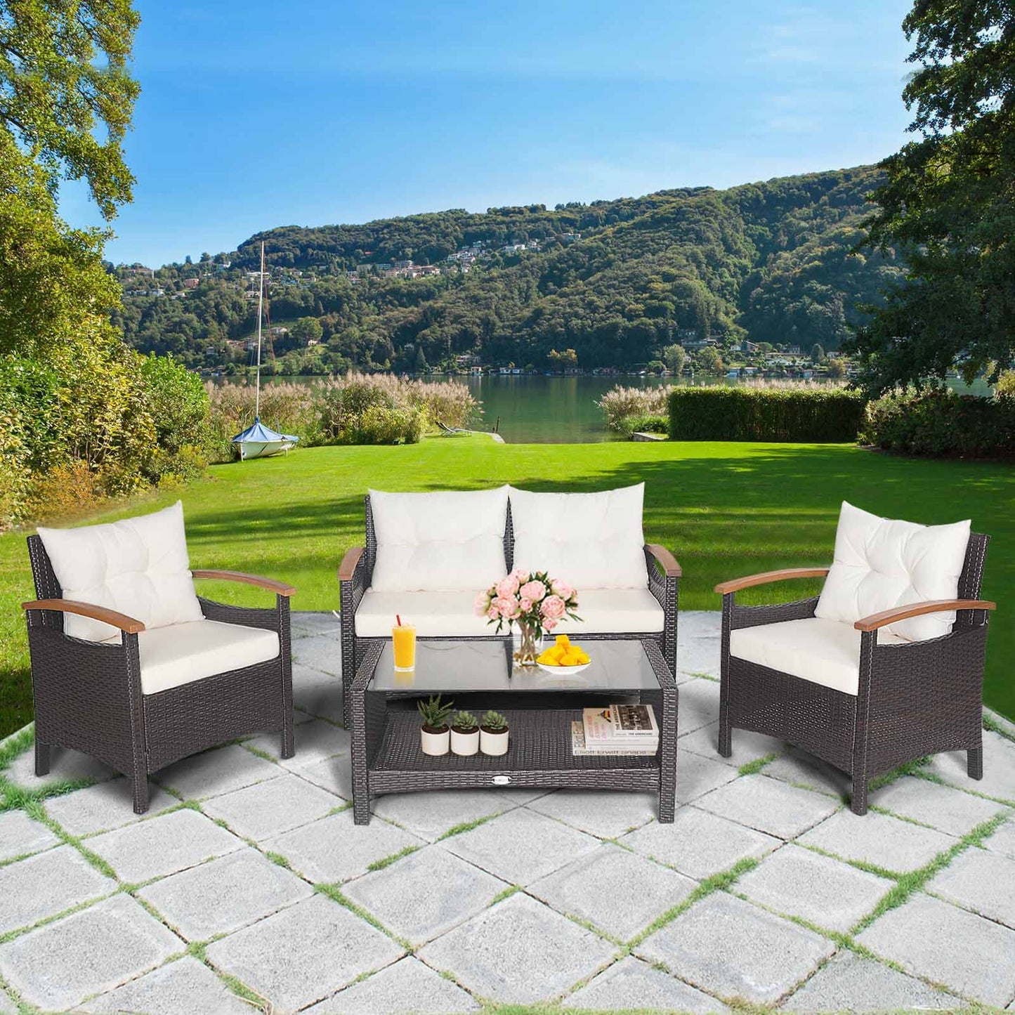 4 Piece Patio Rattan Conversation Set, Outdoor Wicker Sofa Set W/2-Layer Coffee Table