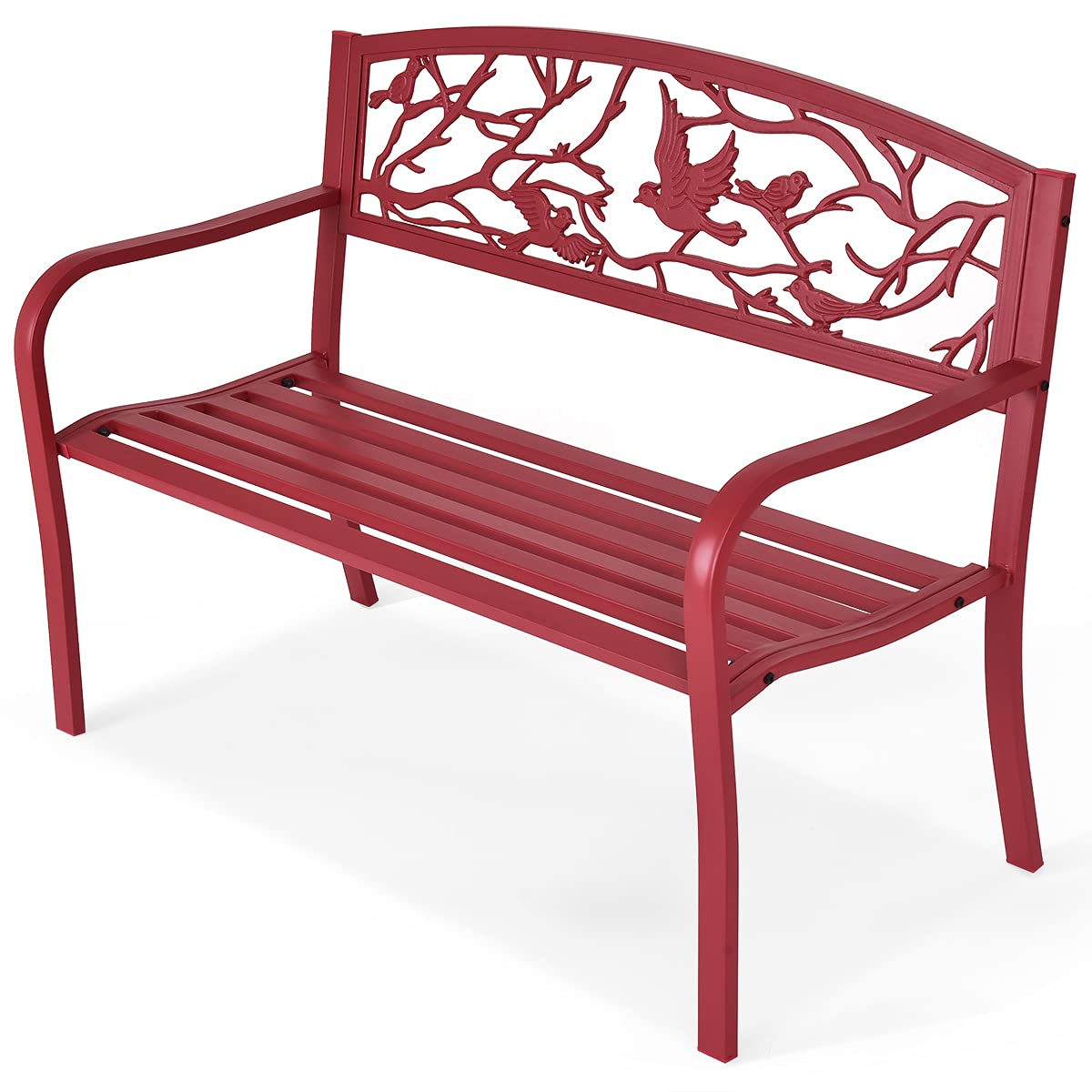 Tangkula Metal Outdoor Garden Bench Park Bench with Bird & Twig Cast Iron Back Pattern