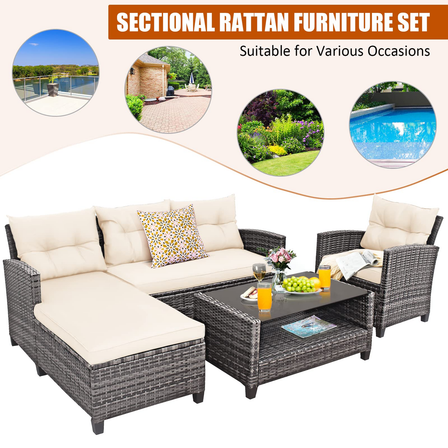 Tangkula 4 Pieces Rattan Conversation Set, Patiojoy Outdoor Furniture Set with Cushions, Lounge Sofa Set with Coffee Table