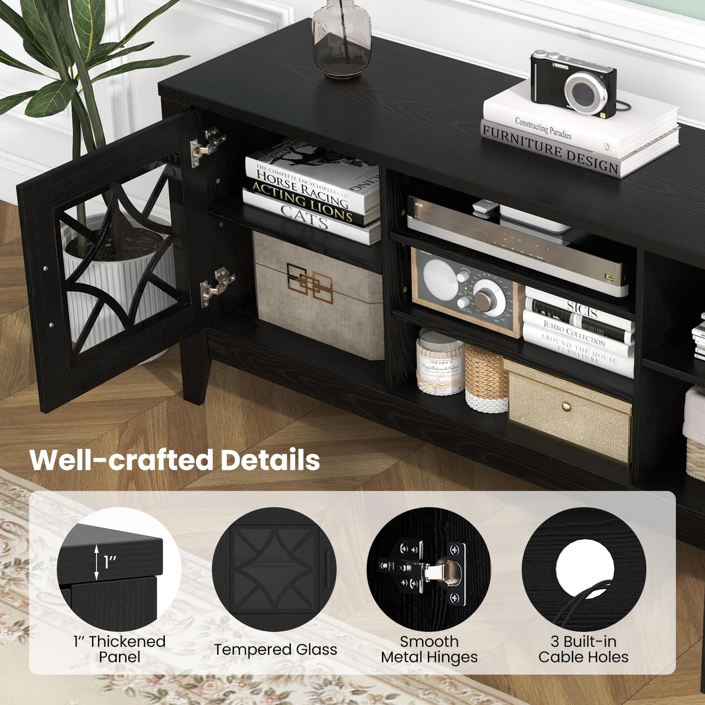 Tangkula Farmhouse TV Stand for TVs Up to 65-in, Classic Media Entertainment Center w/Glass Door Cabinets & 4 Adjustable Shelves