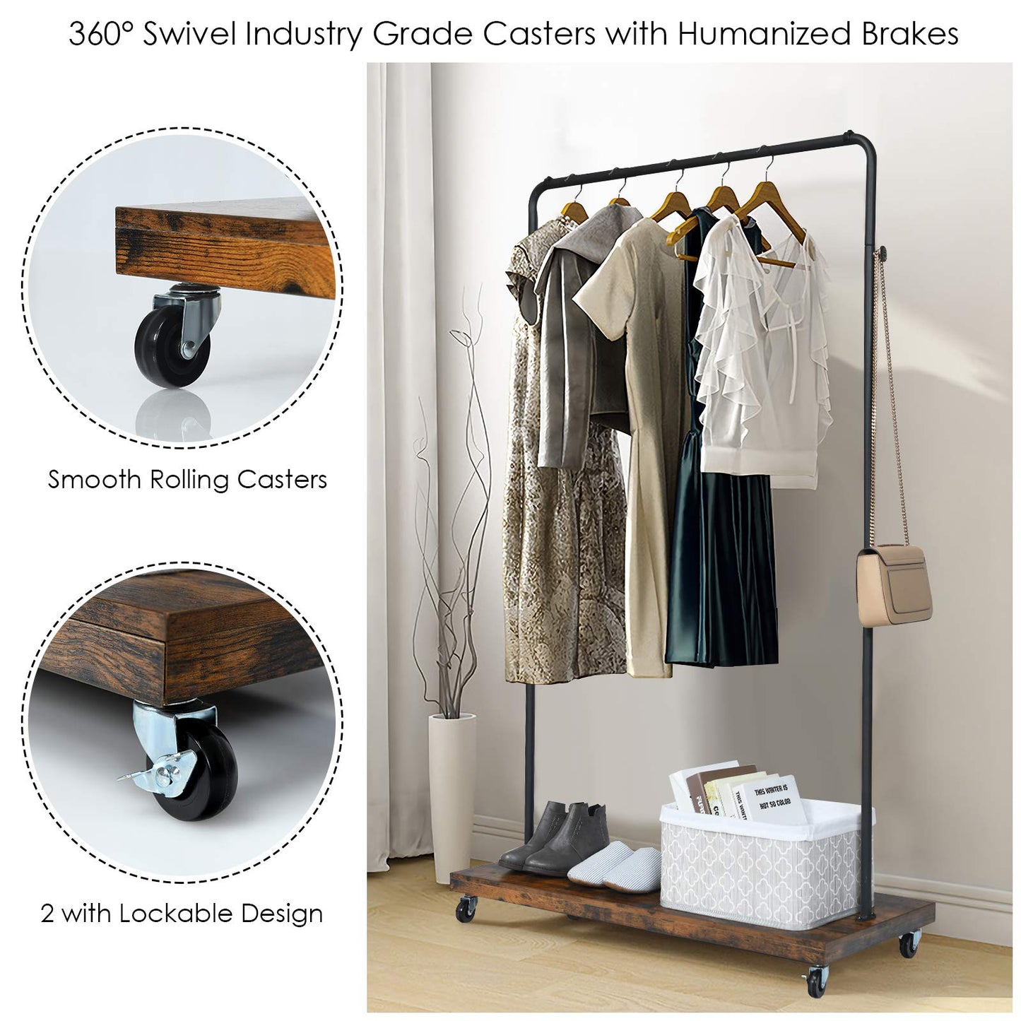 Tangkula Industrial Pipe Style Rolling Garment Rack Clothes Rack with Wood Shelf