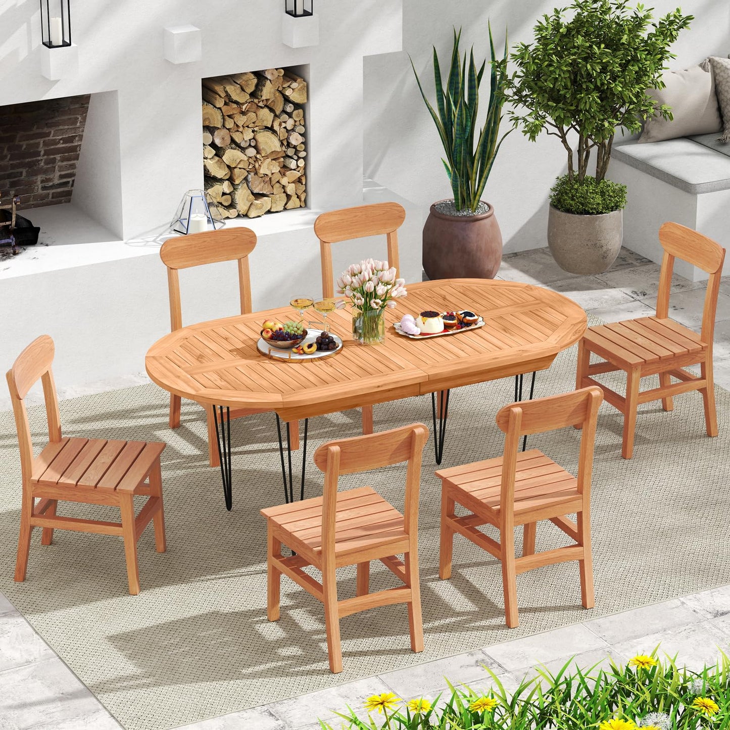 Tangkula Patio Teak Wood Chair Wooden Armless Dining Chair