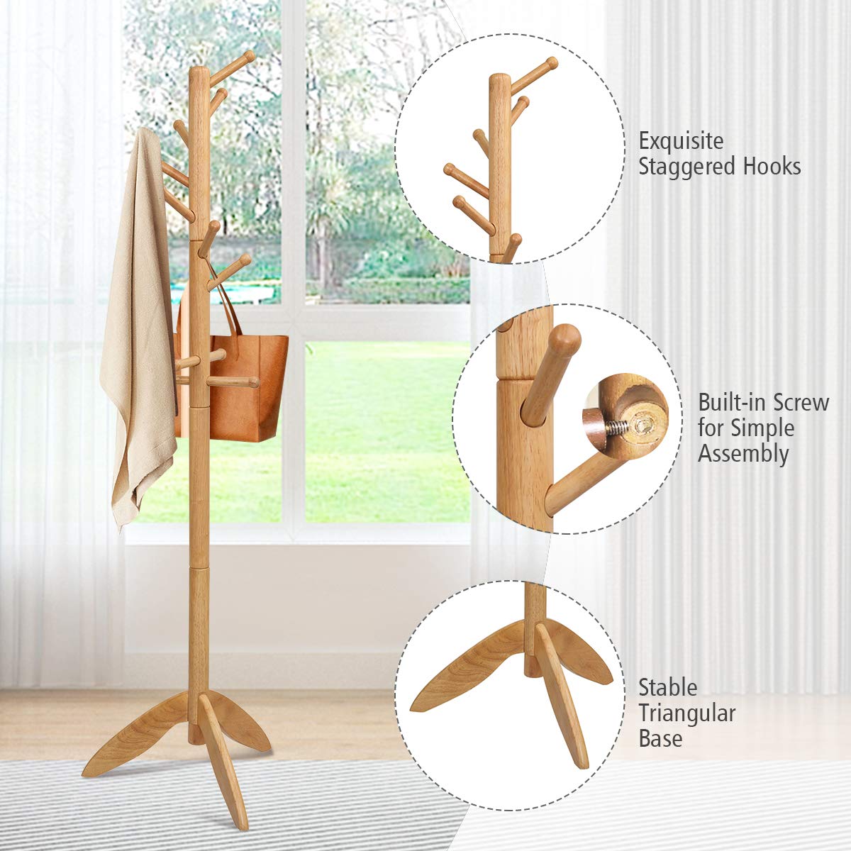 Tangkula Wood Tree Coat Rack with 11 Hooks & Stable Tri-Legged Base