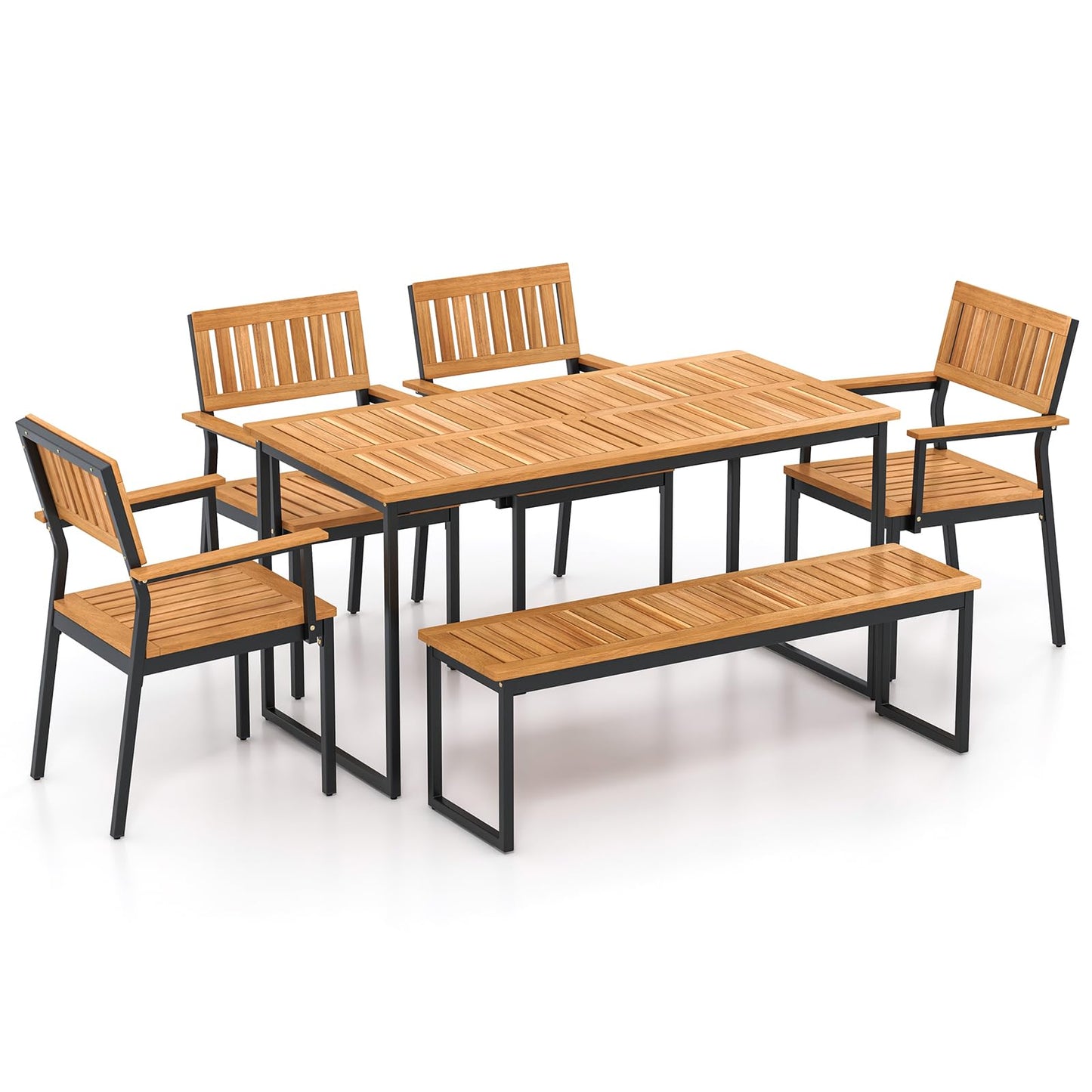 Tangkula 6 Pieces Outdoor Acacia Wood Dining Set, Patio Table and Chairs Set with Bench for 6-7 People