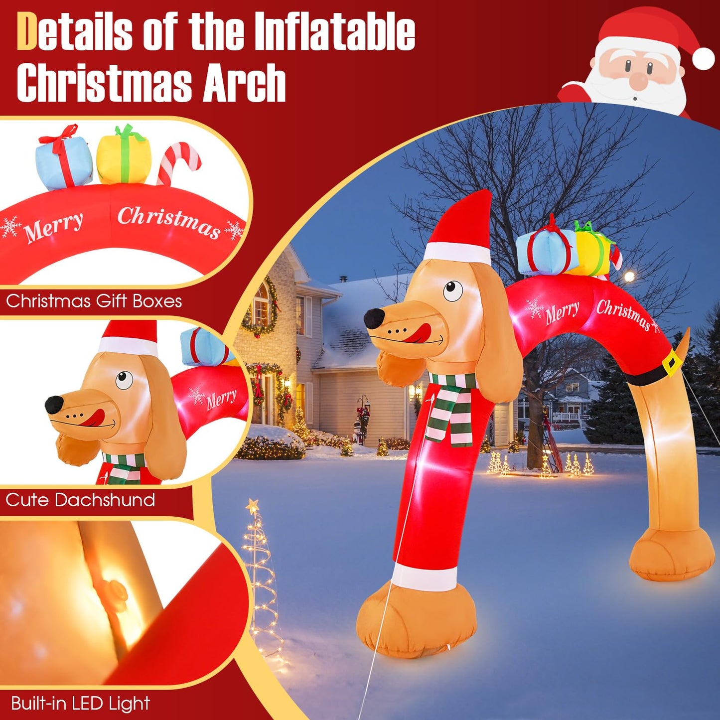 Arche de Noël gonflable lumineuse Tangkula de 3 m en forme de teckel, arche de Noël gonflable avec LED et souffleur d'air intégré