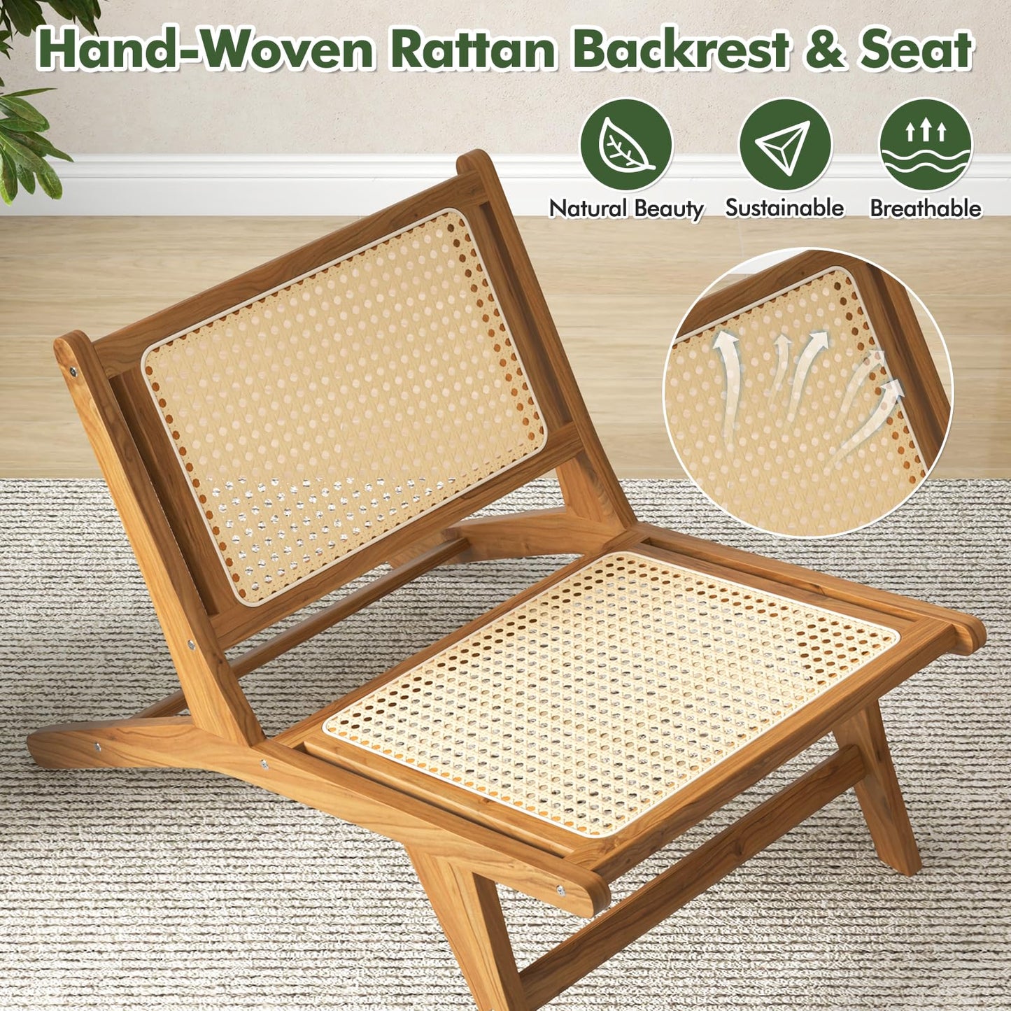 Tangkula Teak Wooden Chair, Mid Century Modern Accent Chair with Handwoven Rattan Seat & Backrest for Living Room Bedroom Office Indoor