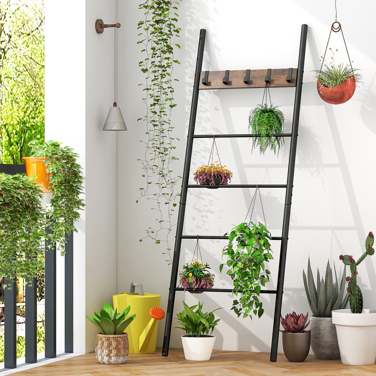 Tangkula Blanket Ladder, 5-Tier Ladder Shelf with 5 Removable Hooks
