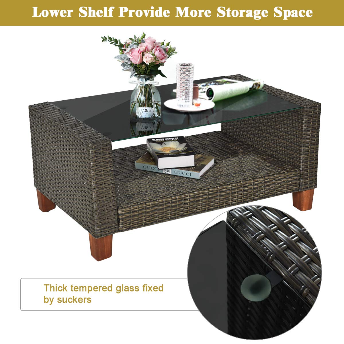 Tangkula Patio Rattan Furniture Set with Tempered Glass Coffee Table for Porch