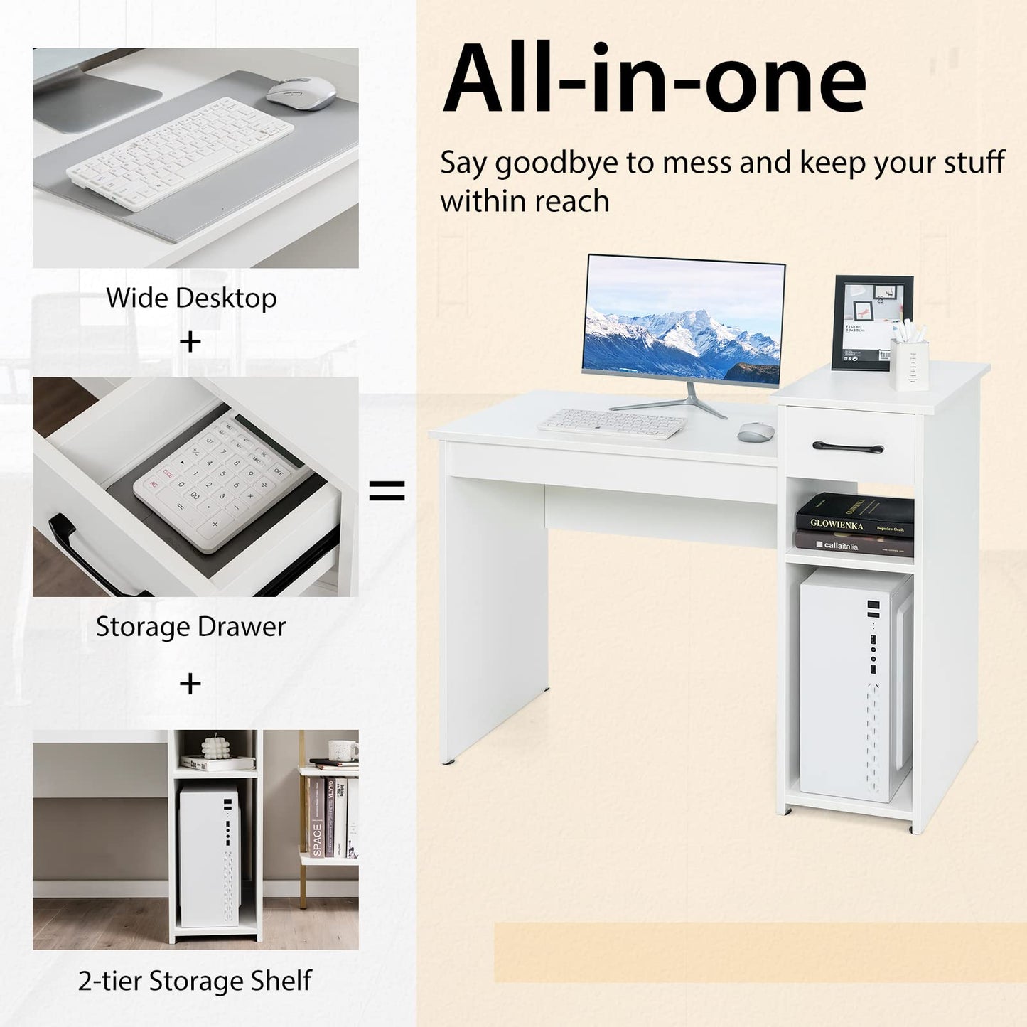 Tangkula White Desk with Drawer & CPU Stand