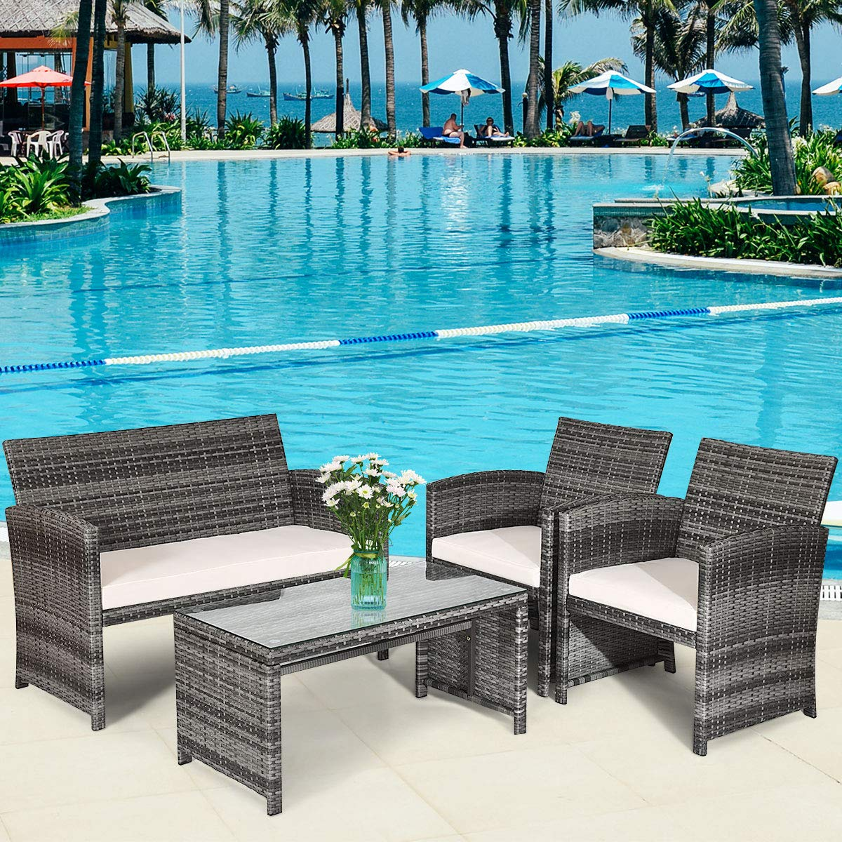 Tangkula 4/8 PCS Wicker Patio Conversation Set, Outdoor Rattan Sofas with Table Set
