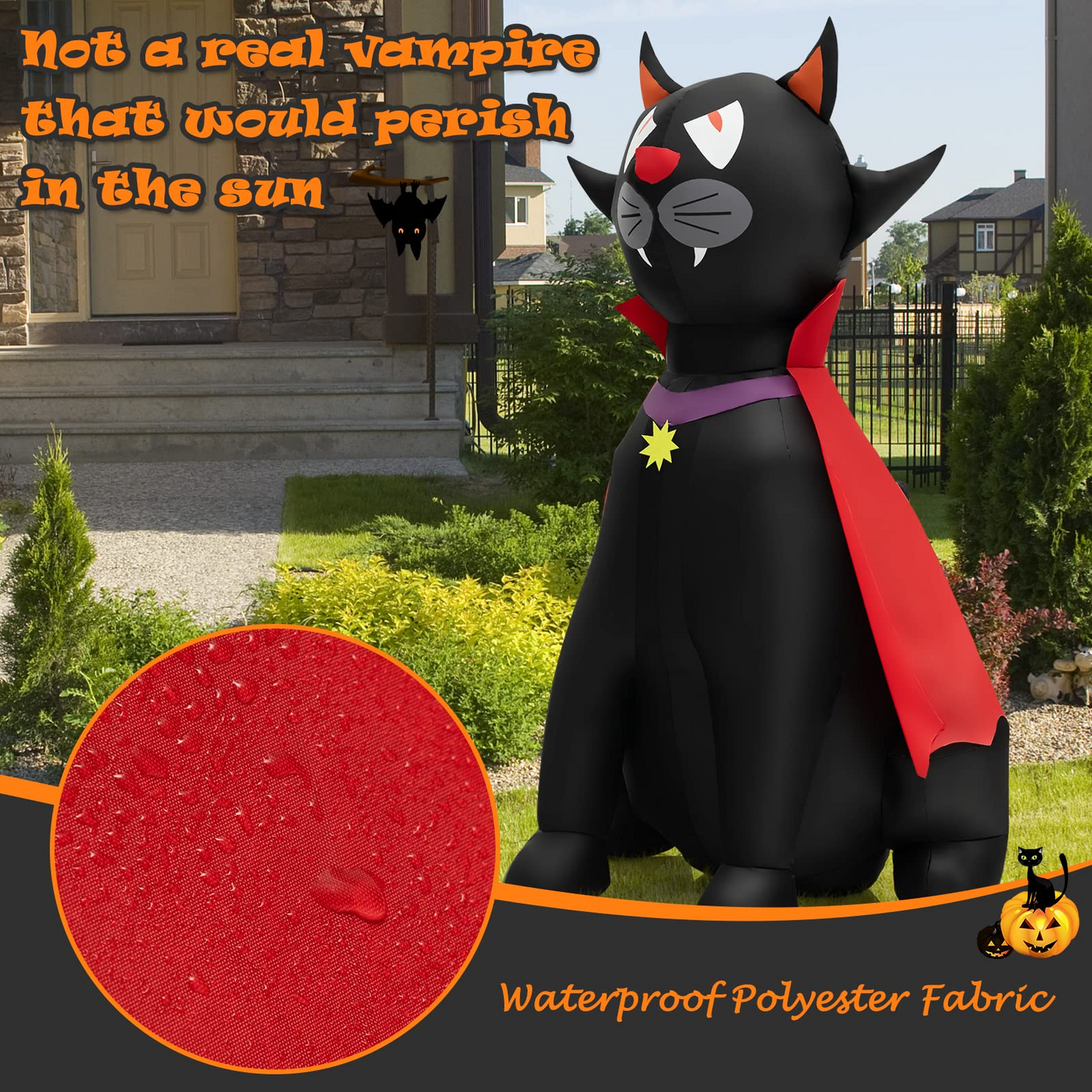 Tangkula 4.7 FT Halloween Inflatable Vampire Black Cat with Red Cloak, Blow-up Holiday Decoration with 2 Built-in LED Lights