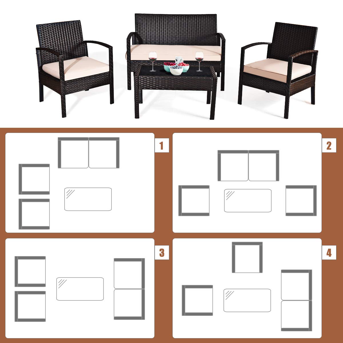 Tangkula 4 or 8 Piece Rattan Patio Furniture Set for Porch