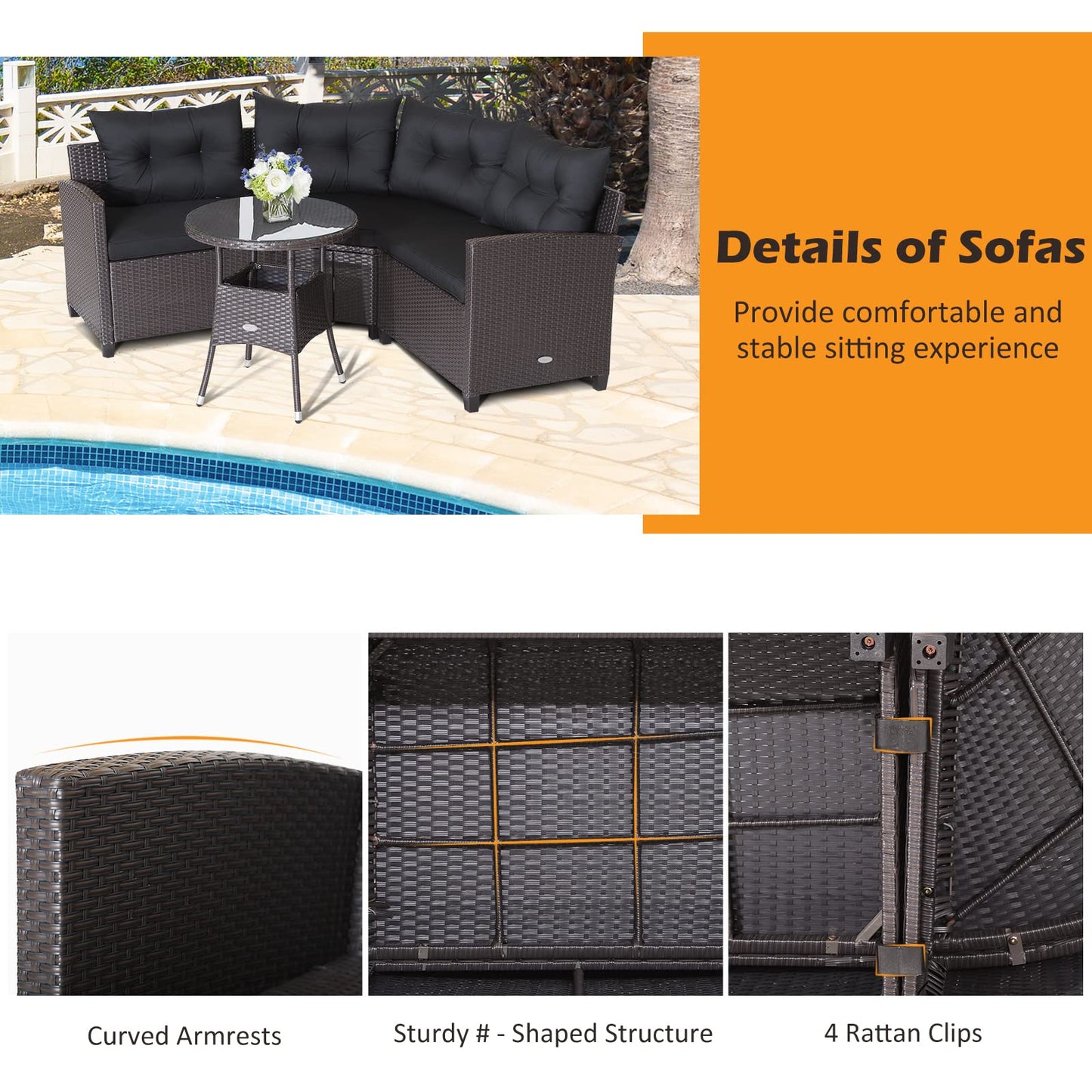 Tangkula 4 Piece Outdoor Sofa Set, Patio Rattan Corner Chair Set W/Round Side Table
