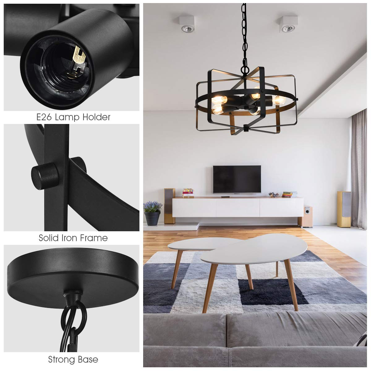 Tangkula 5 Lights Chandelier, Industrial Style Drum Shape Round Ceiling Lamp with Adjustable Hanging Chain & 5 E26 Lamp Holders