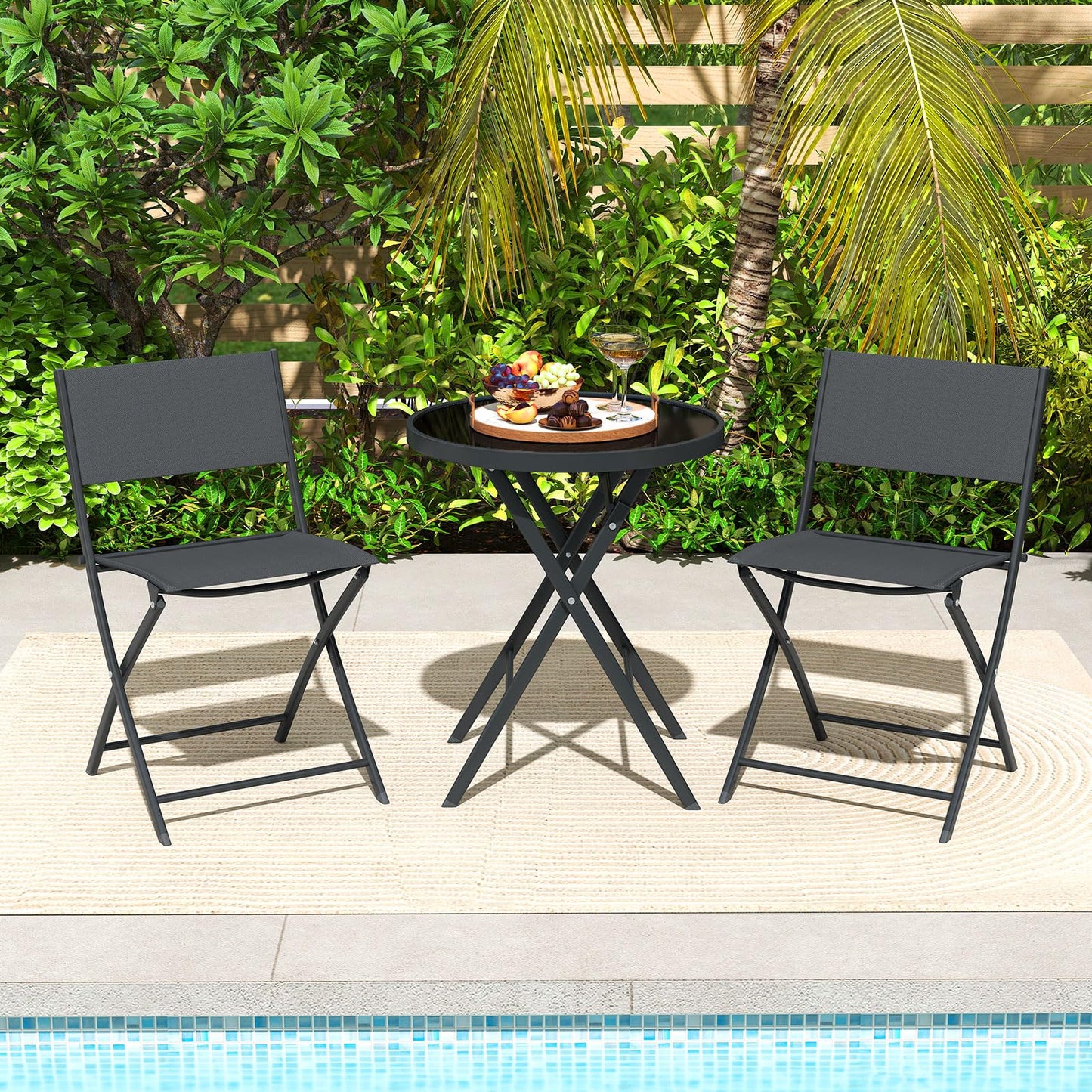 Ensemble bistrot pliant 3 pièces Tangkula avec siège en tissu respirant et plateau de table en verre trempé