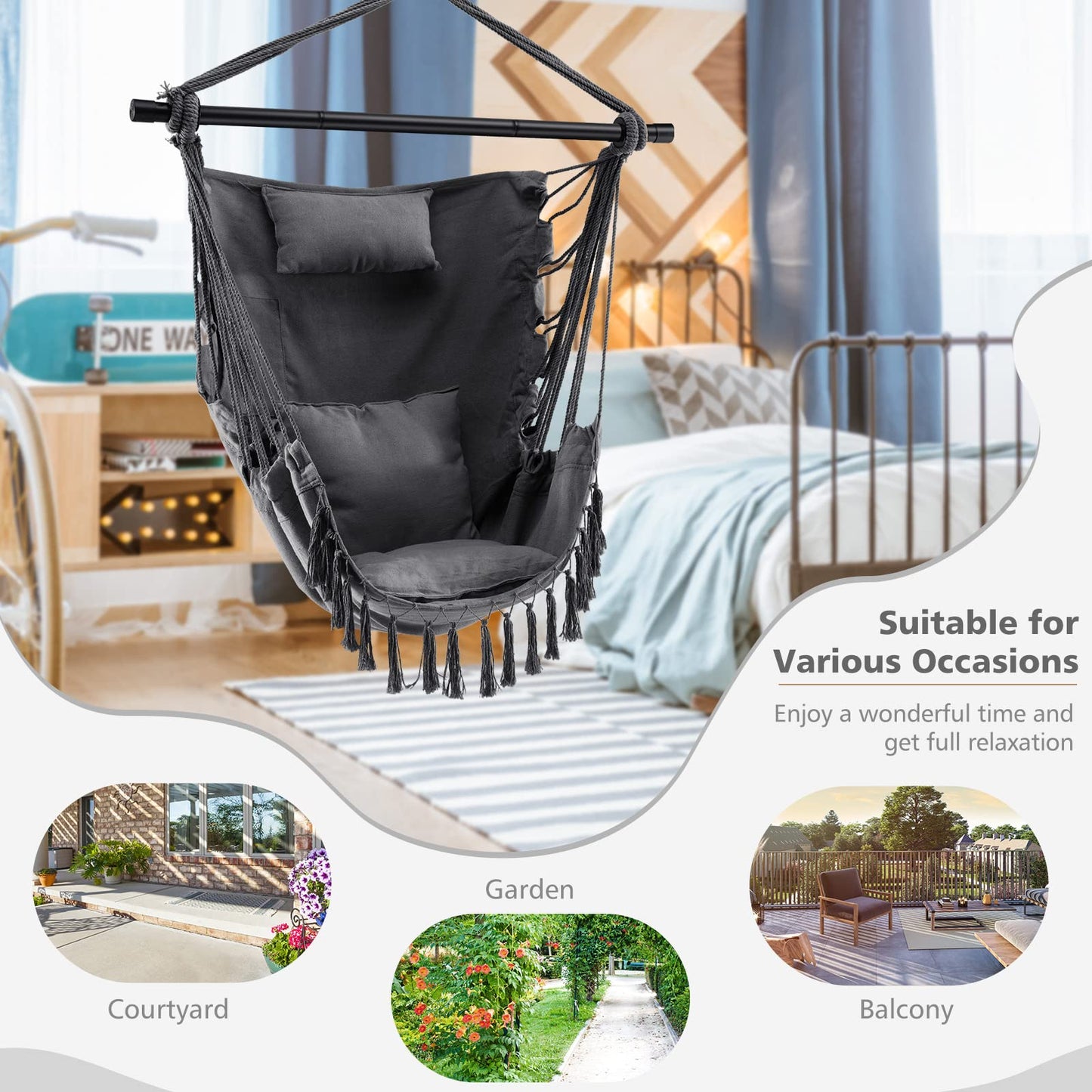 Tangkula Hammock Chair Hanging Rope Swing with Head Pillow