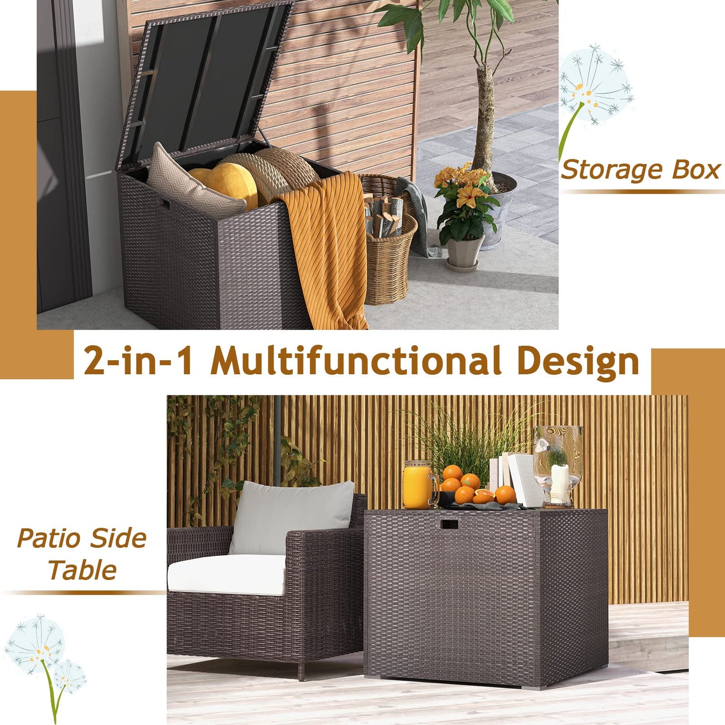 Tangkula 72 Gallon Square Deck Box, Patio Mix Brown Rattan Storage Container