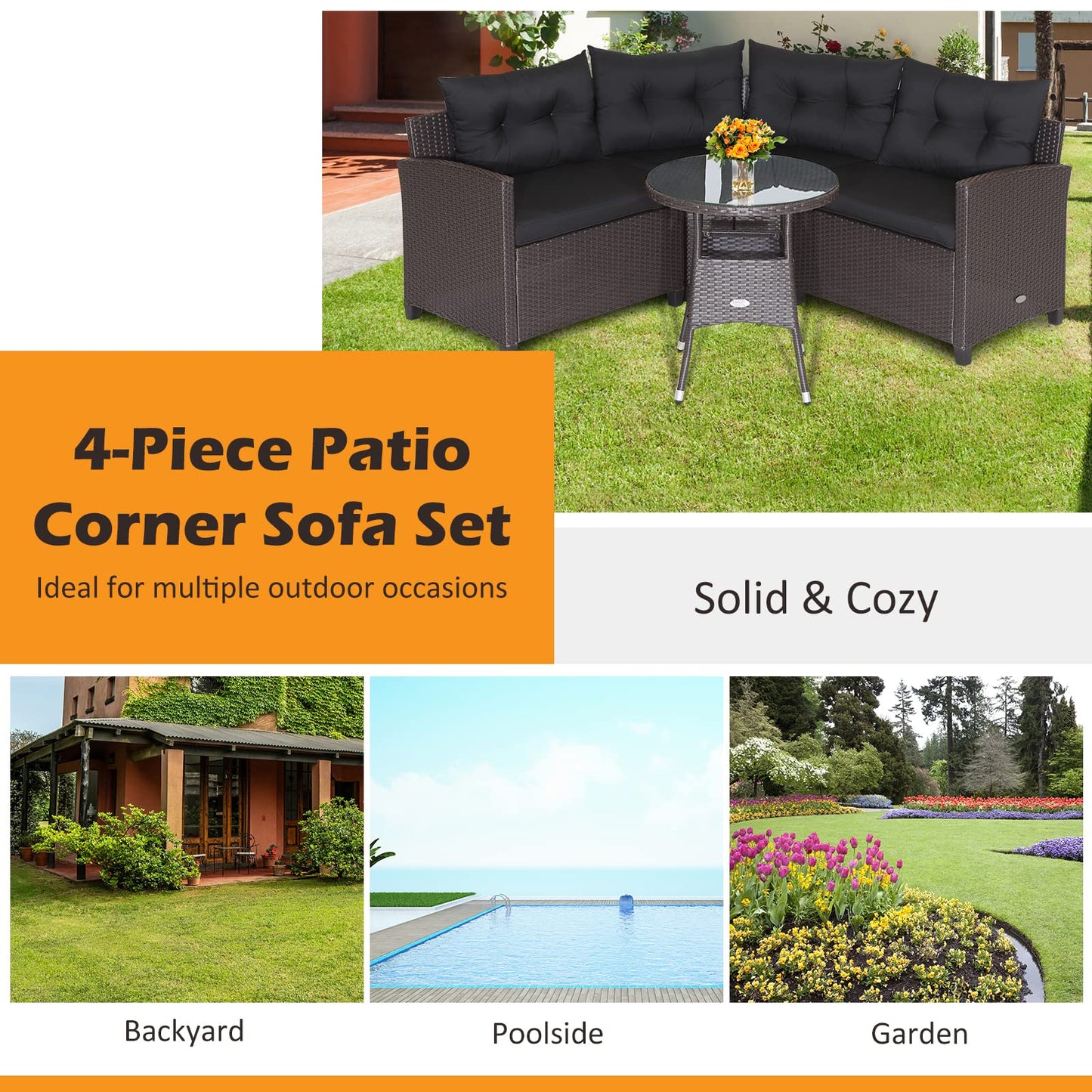 Tangkula 4 Piece Outdoor Sofa Set, Patio Rattan Corner Chair Set W/Round Side Table